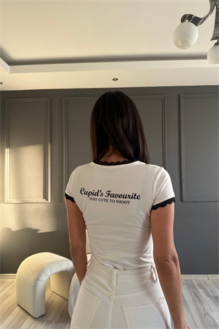 Yaka Kol Dantel Detay Beyaz Tshirt 