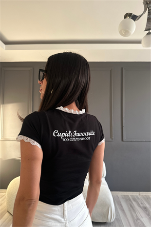 Yaka Kol Dantel Detay Siyah Tshirt 
