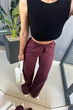Yıkamalı Bordo Keten Pantolon