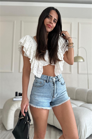 Yüksek Bel Püsküllü Denim Şort