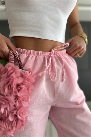 Yüzde Yüz Pamuklu Pembe Dökümlü Keten Pantolon