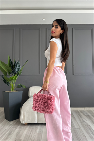 Yüzde Yüz Pamuklu Pembe Dökümlü Keten Pantolon