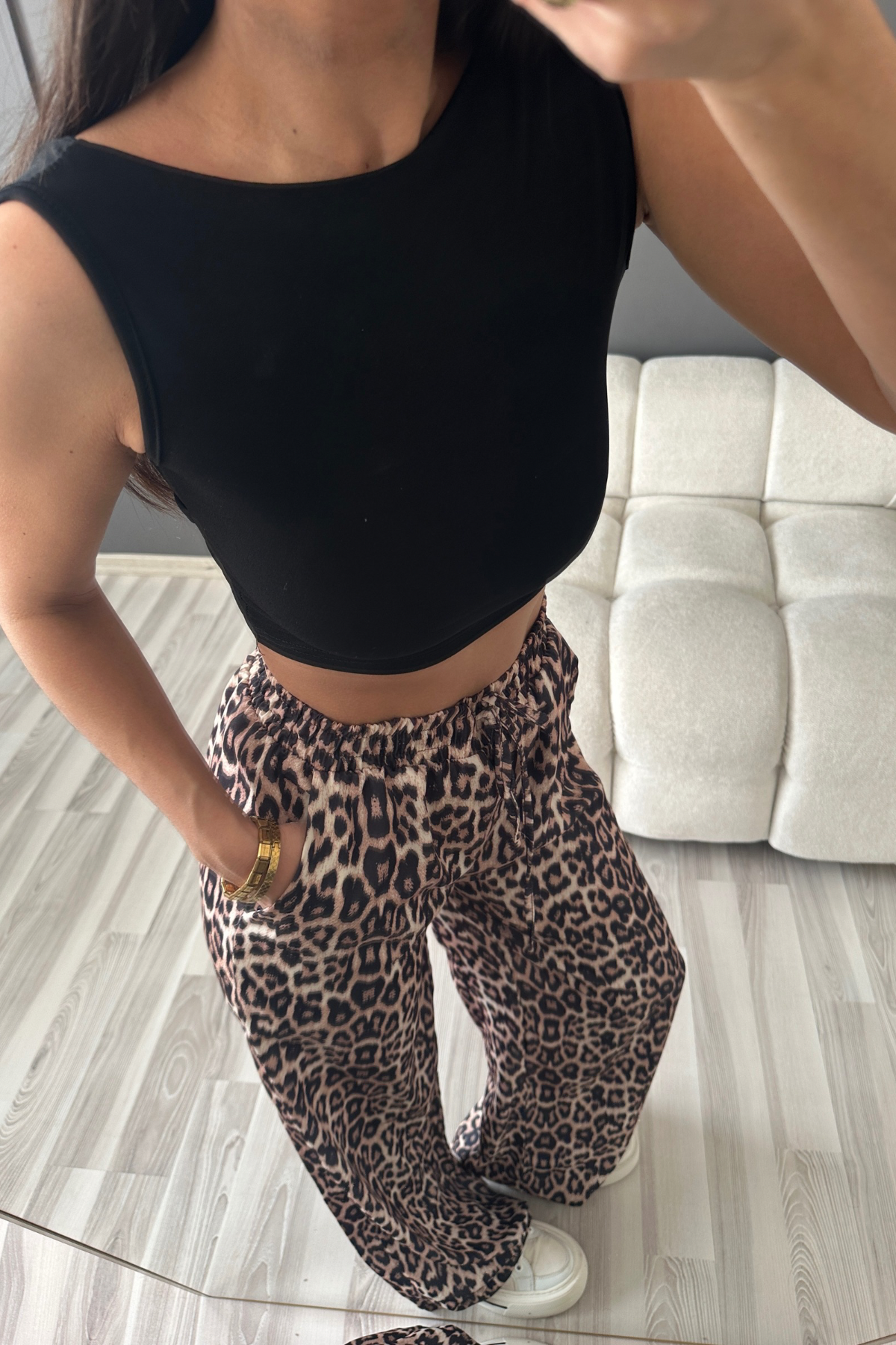5301 Saten Kahve Leopar Pantolon 