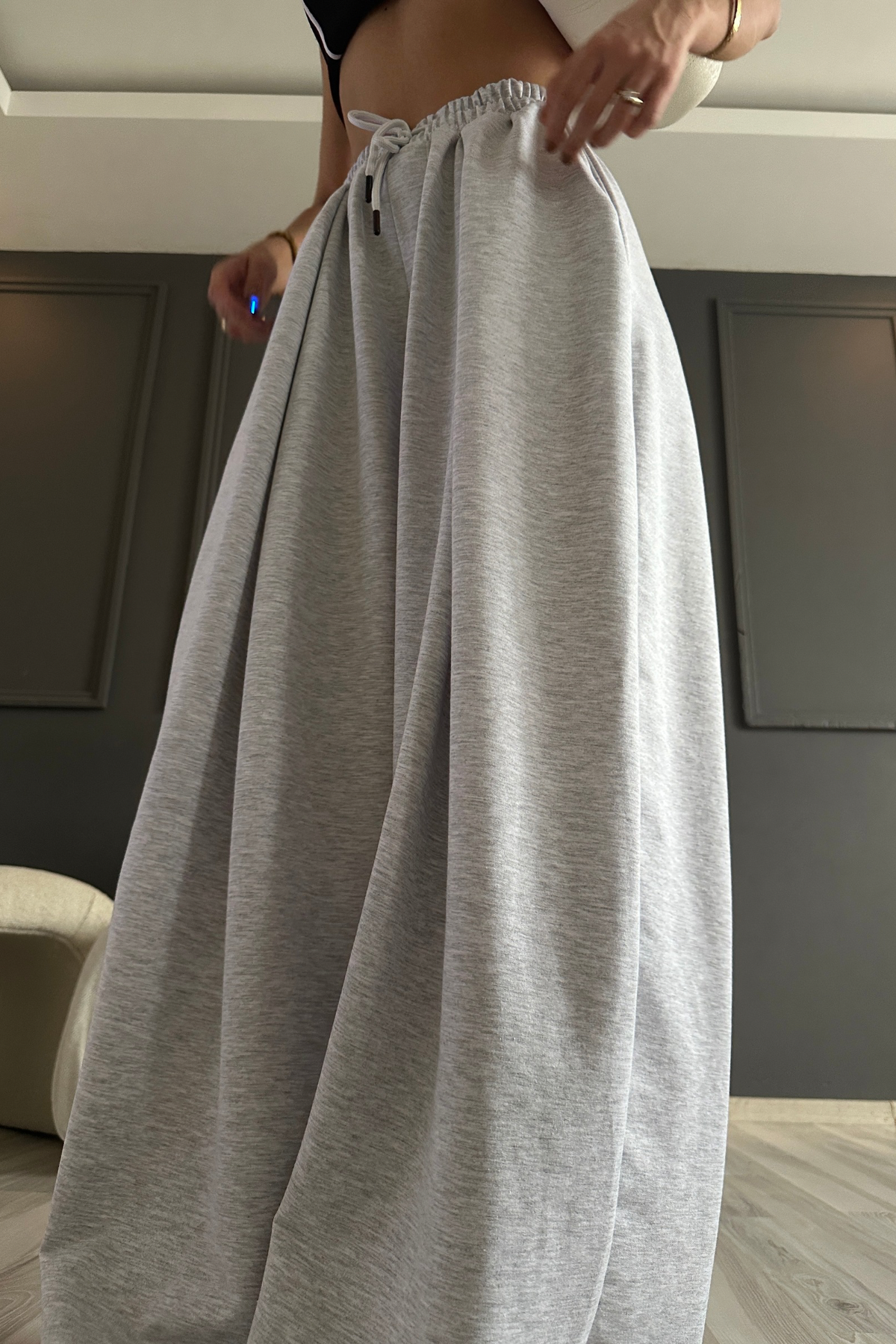 Bağlamalı Gri Bol Paça Barrel Eşofman