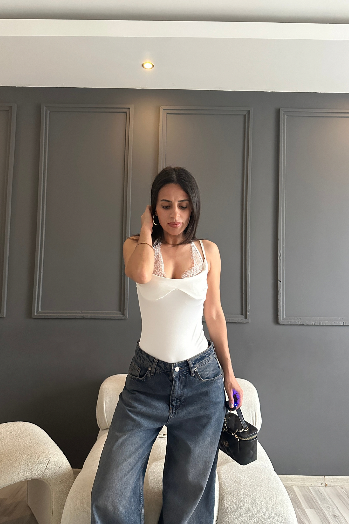 Beyaz Dantel Detay Bodysuit