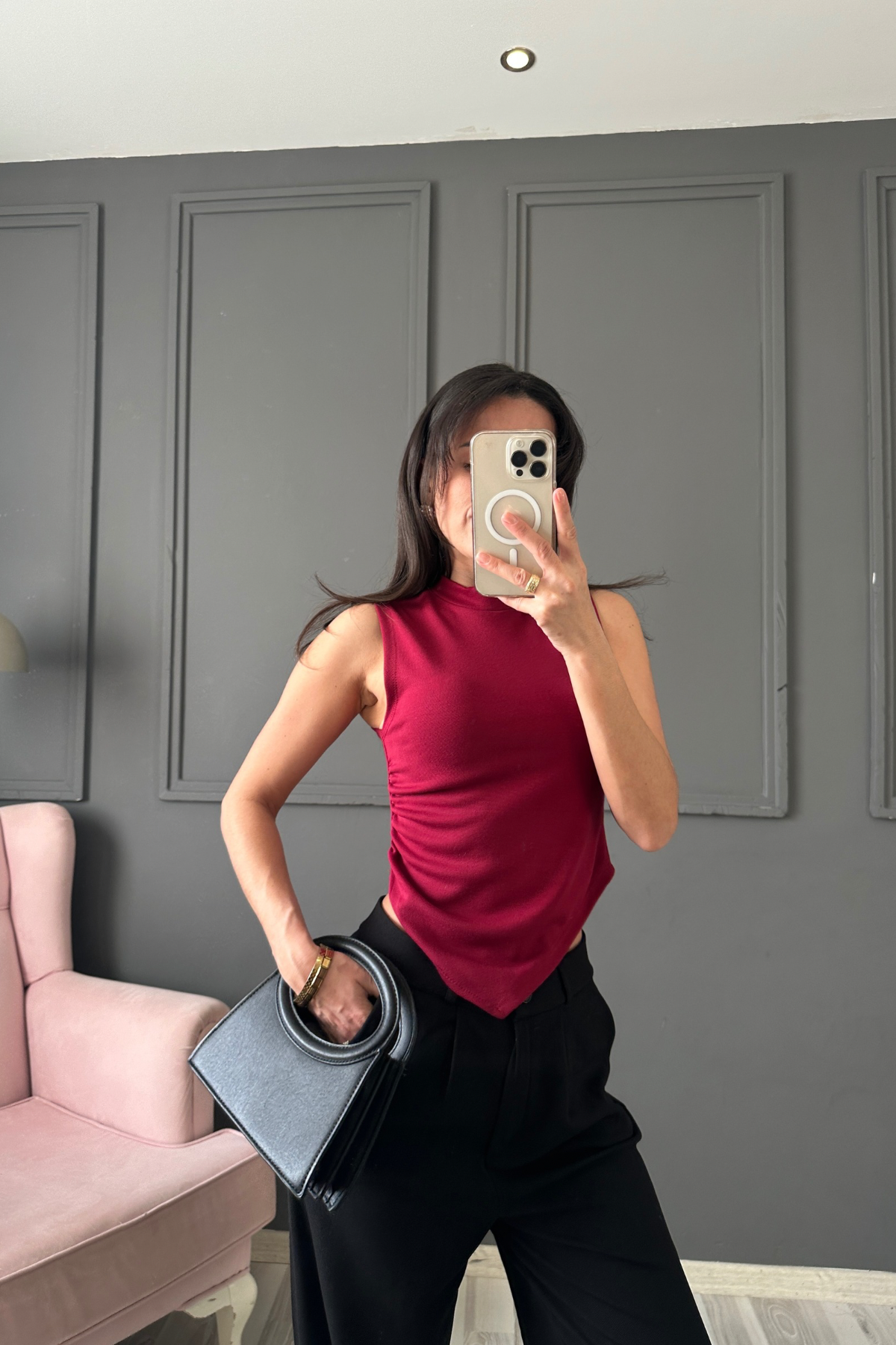 Bordo Asimetrik Kolsuz Bluz