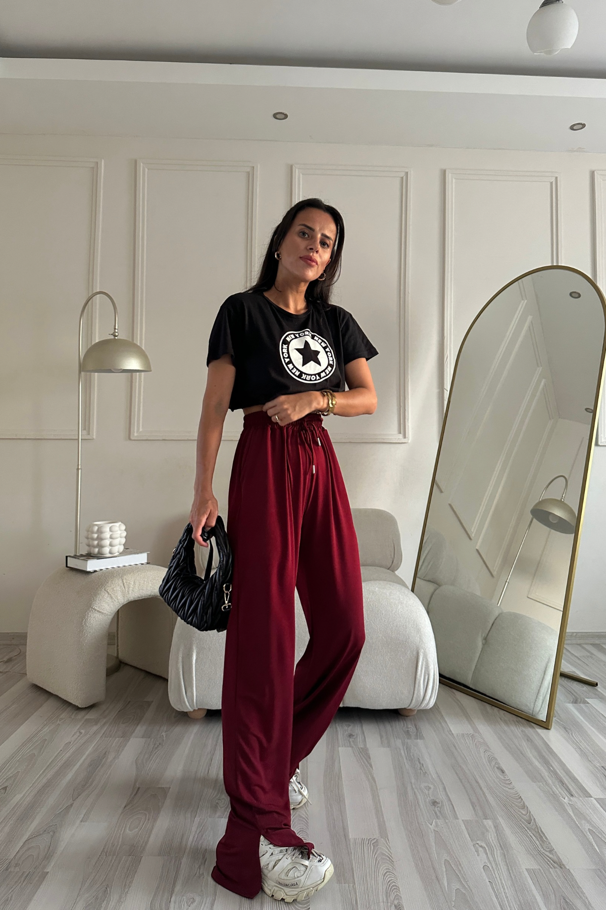 Dökümlü Yırtmaçlı Bordo Likralı Pantolon