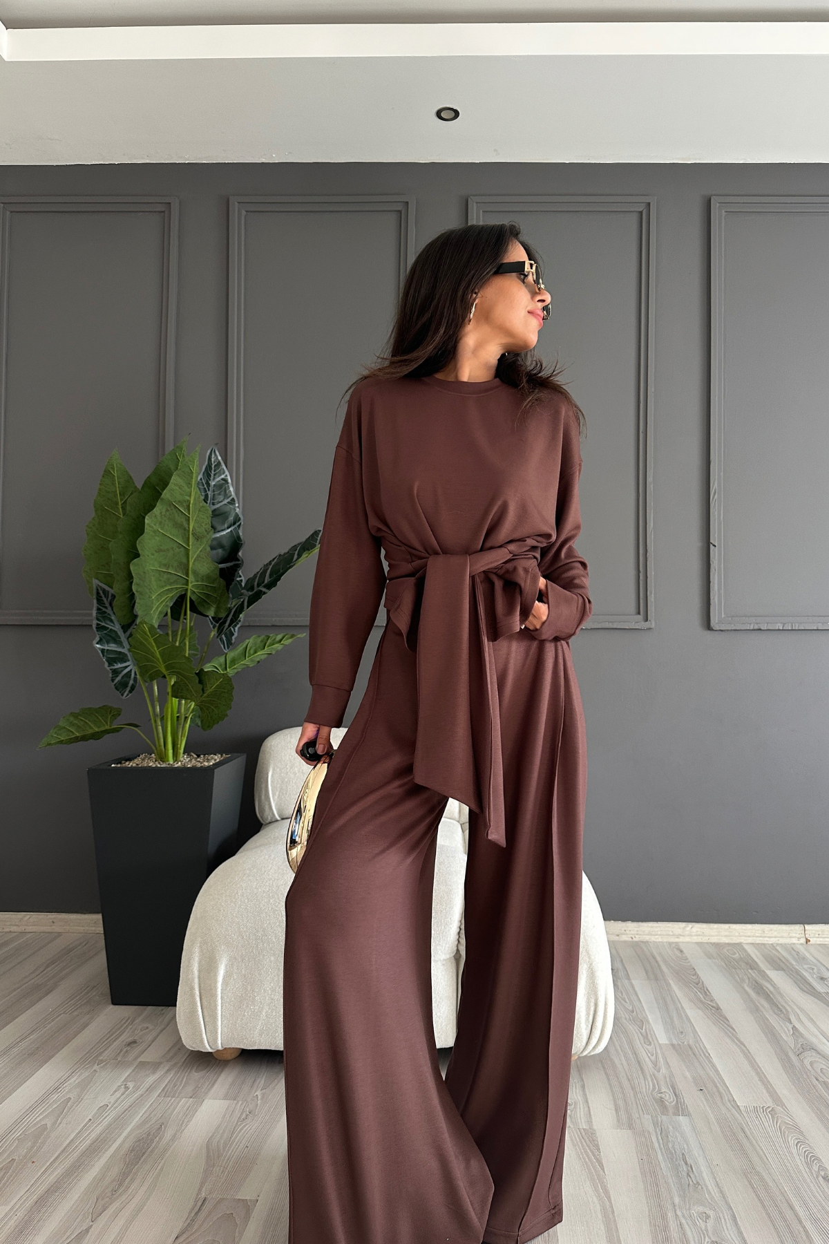 Full Likralı Modal Kumaş Kahverengi Takım