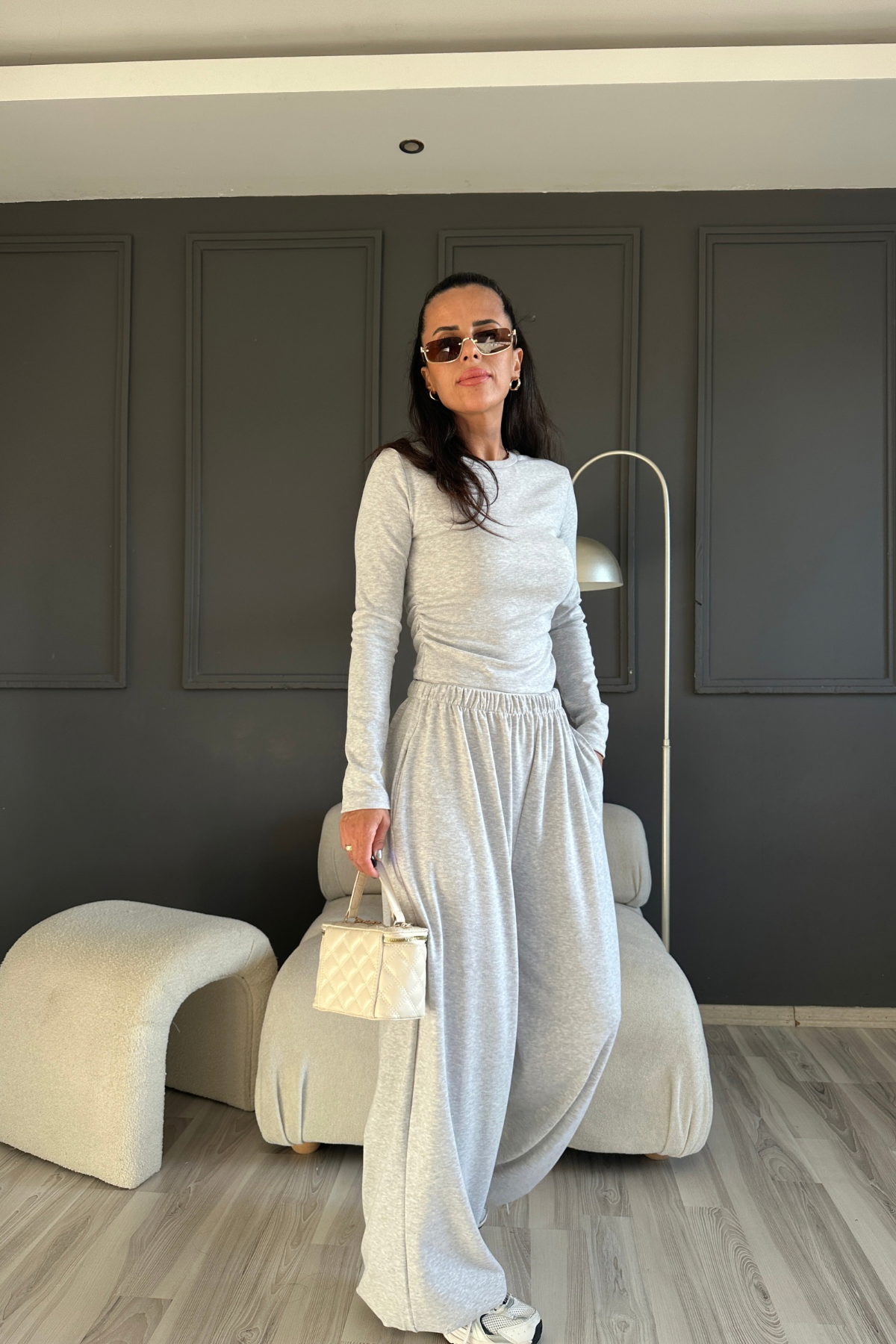 Gri Bel Yan Lastikli Ultra Relax Balon Pantolon Takım