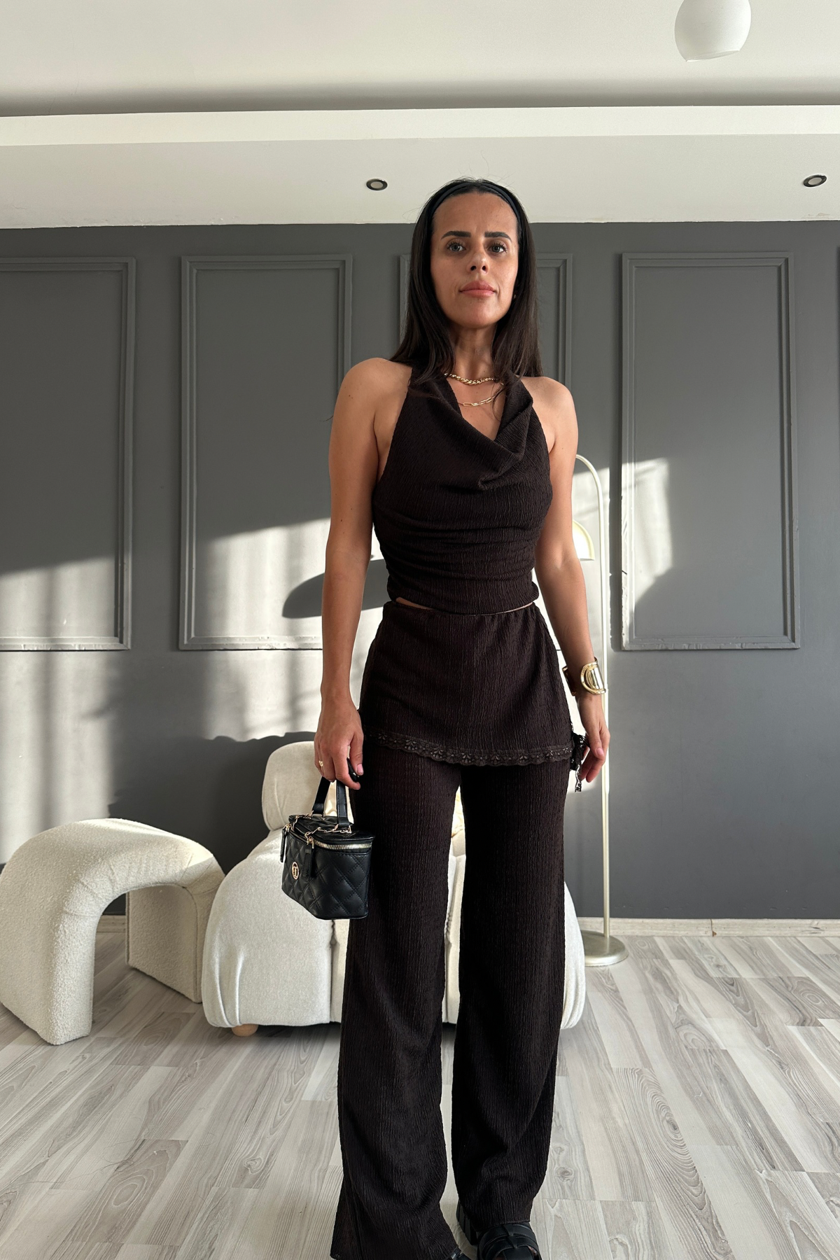Kahve Dantel Detaylı Bağlamalı Takım