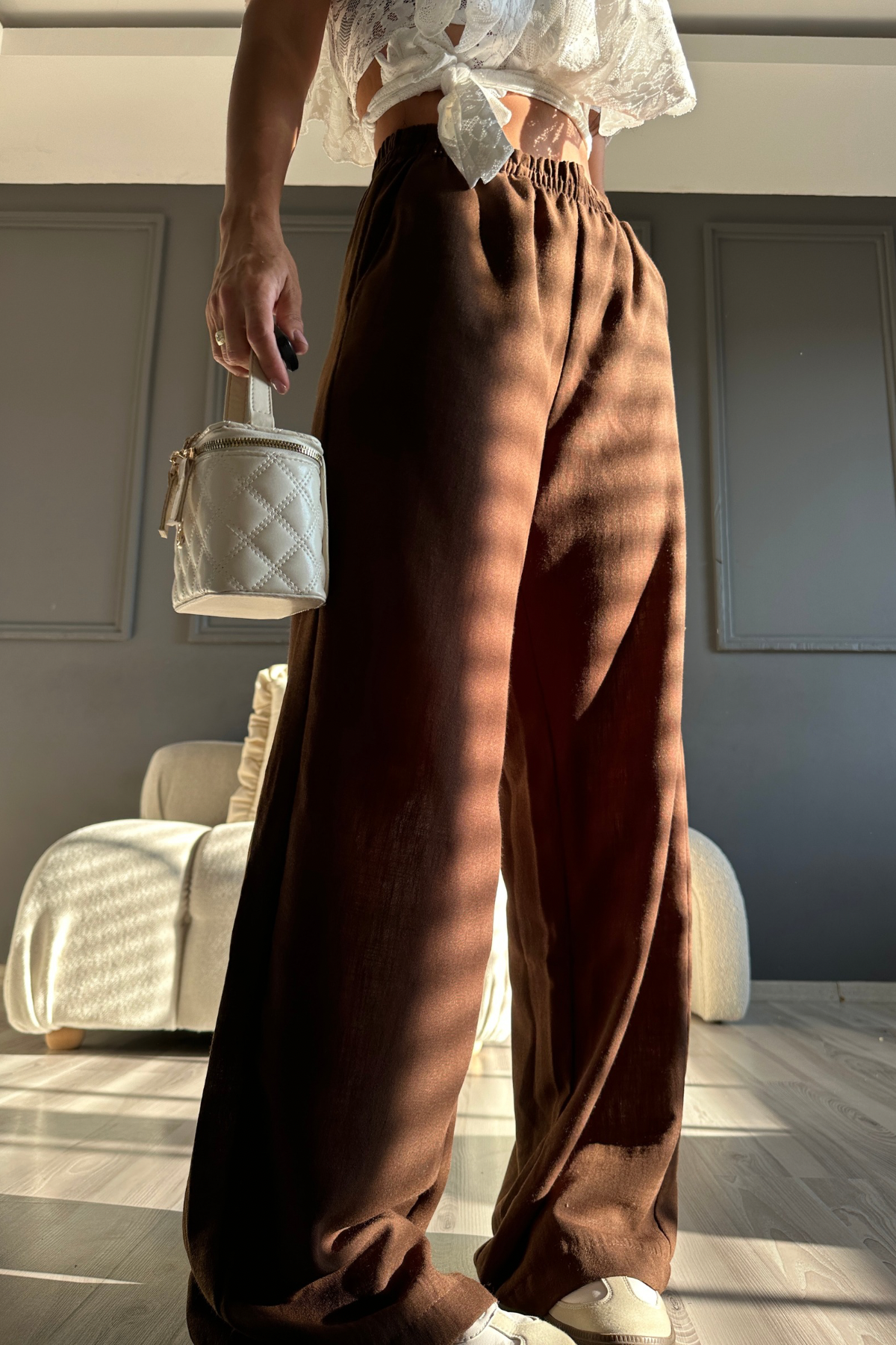 Kahve Keten Bol Paça Pantolon 