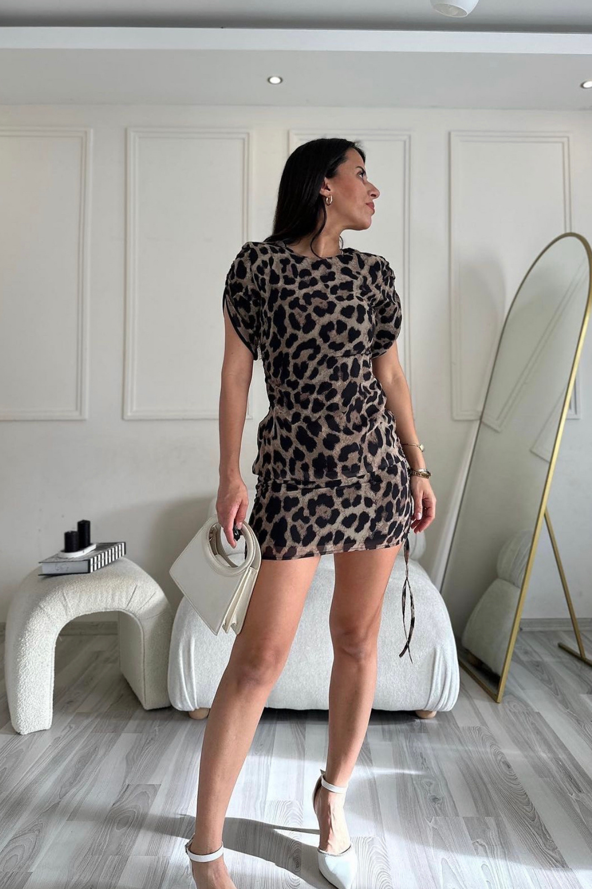 Leopar Büzgülü Elbise