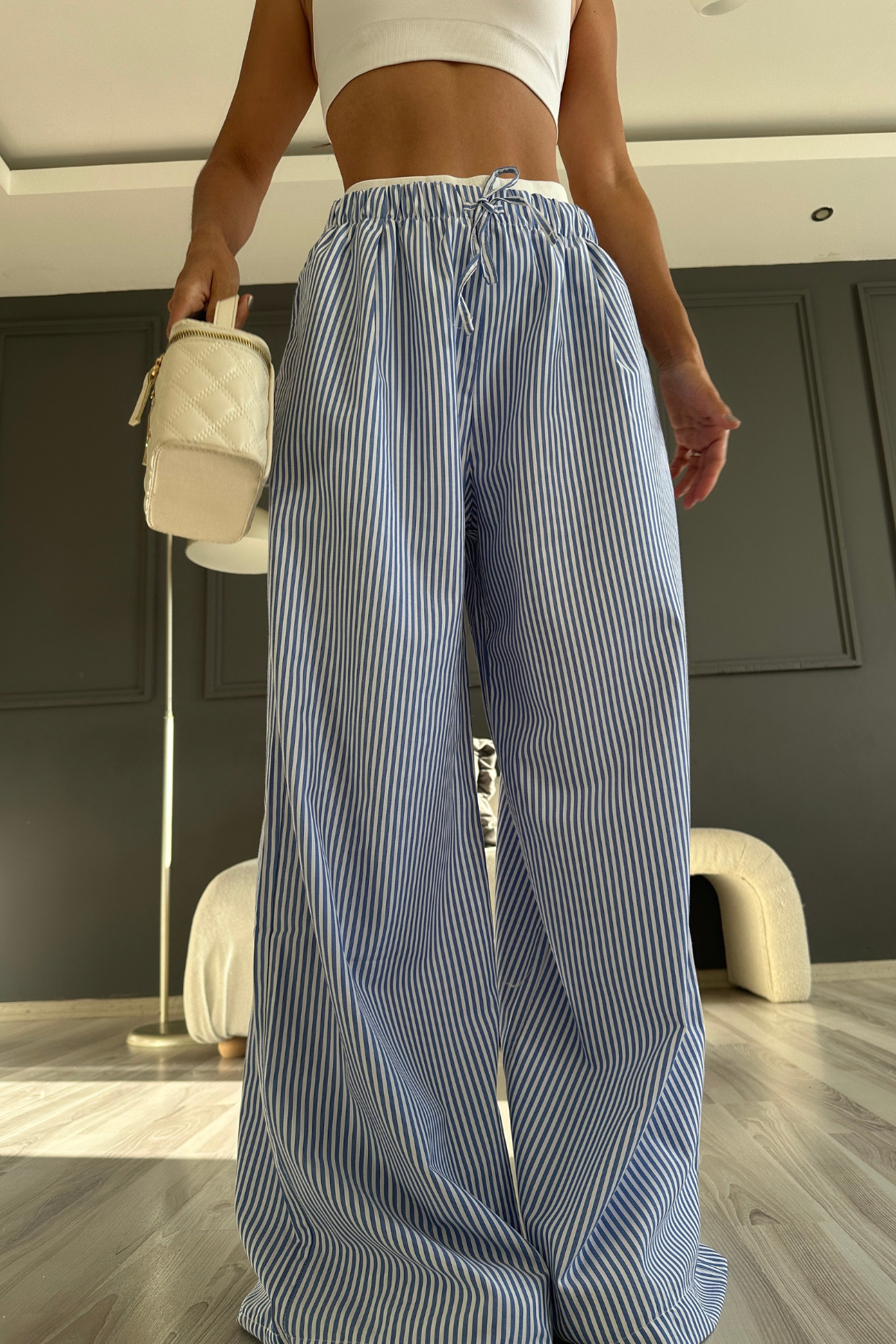 Mavi Çizgili Bol Paça Poplin  Pantolon