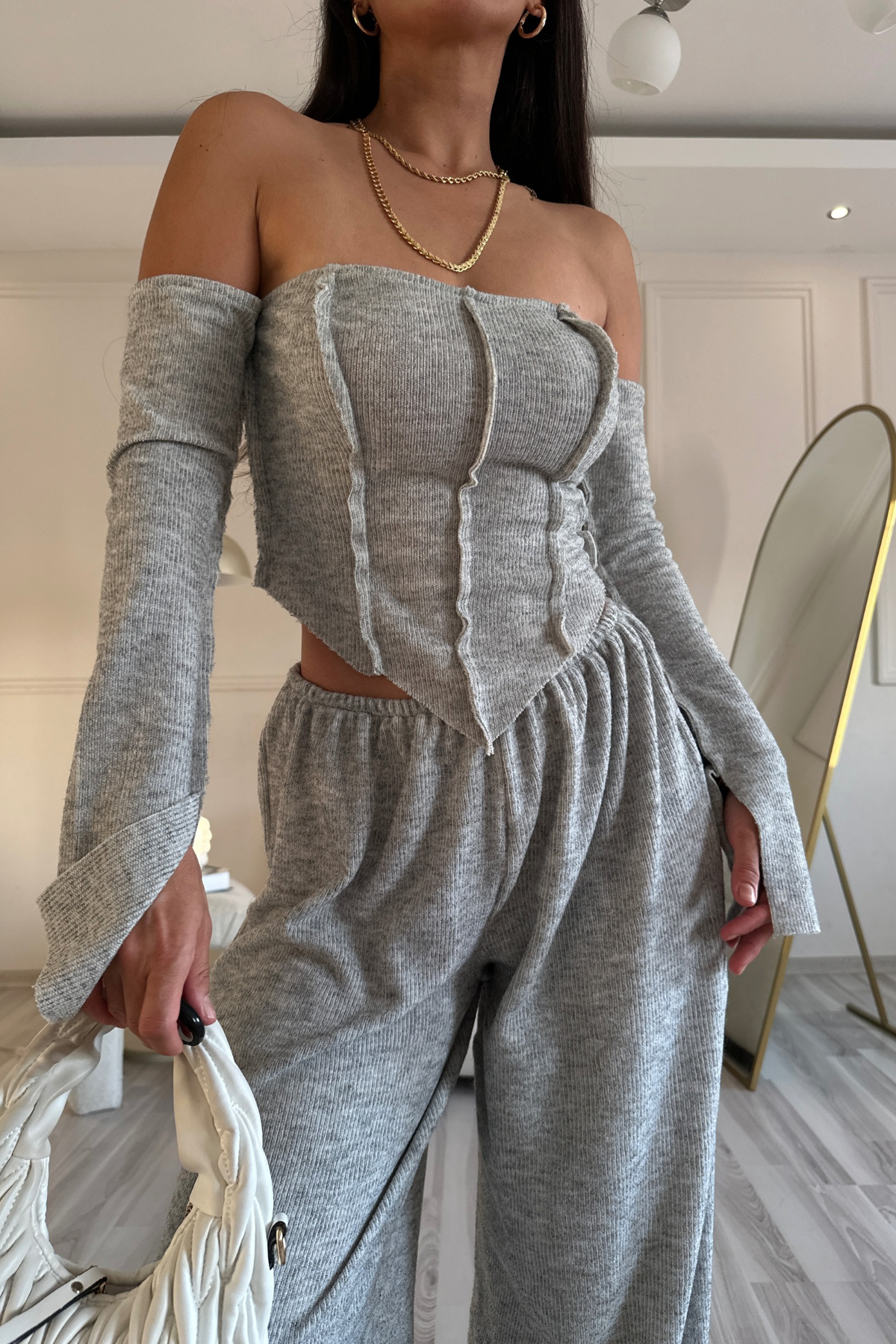 Örme Gri Düşük Omuz Bluz ve Pantolon Takım