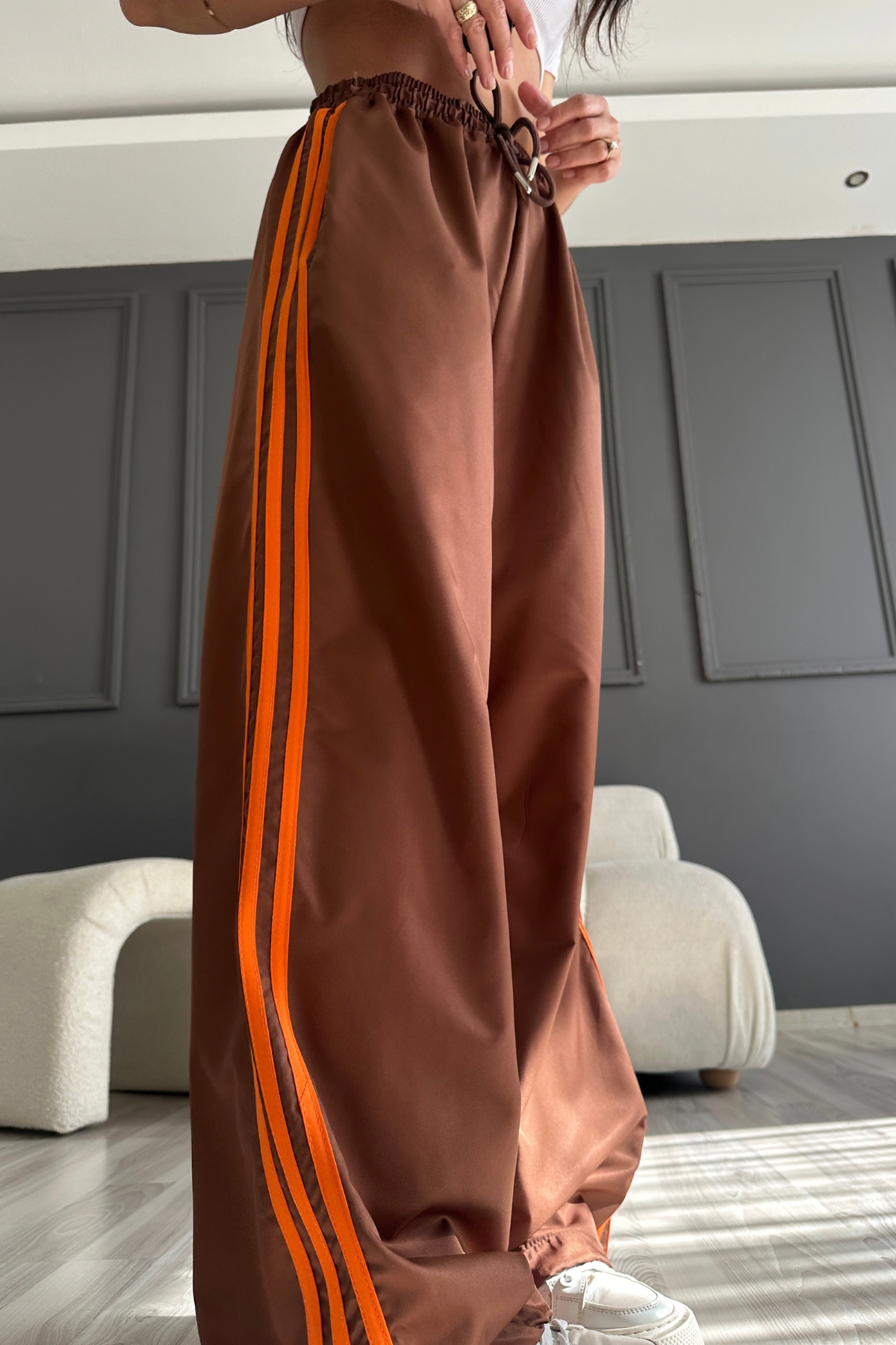 Paraşüt Kahve Şeritli Pantolon