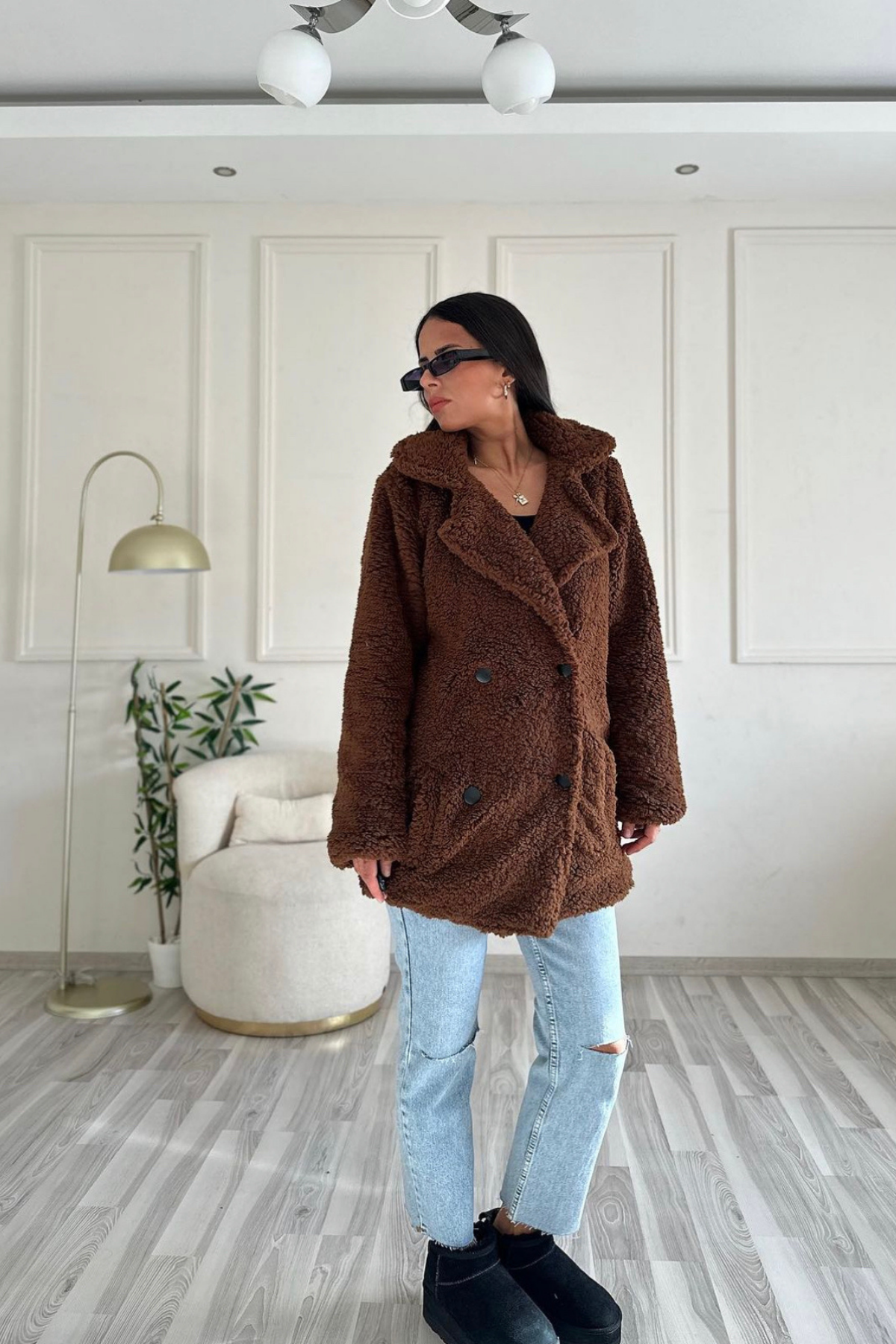 Peluş Kahve Astarlı Kaban