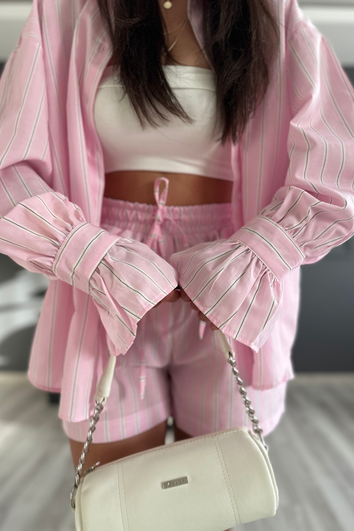 Pembe Çizgili Çan Kol Şort Gömlek Takım