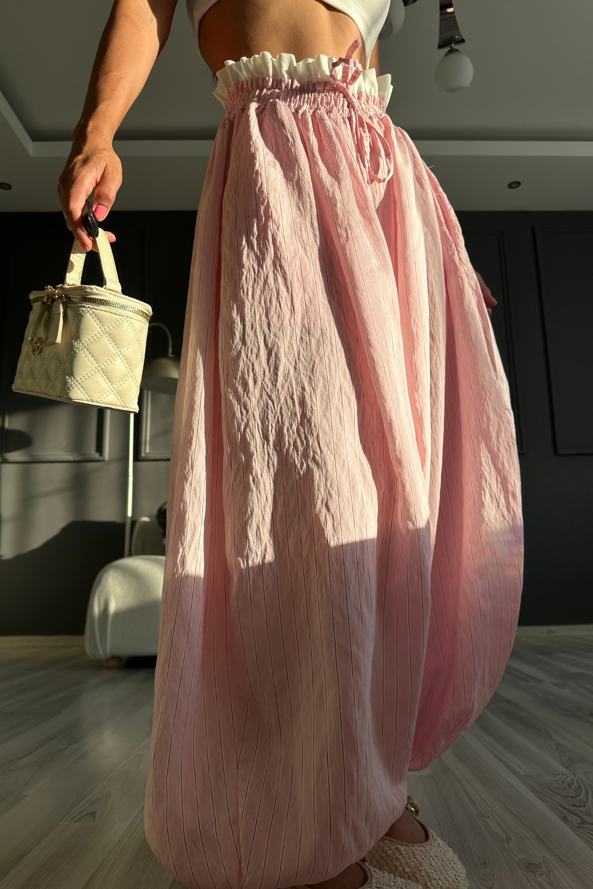 Pembe Fırfır Bel Tasarım Balon Pantolon