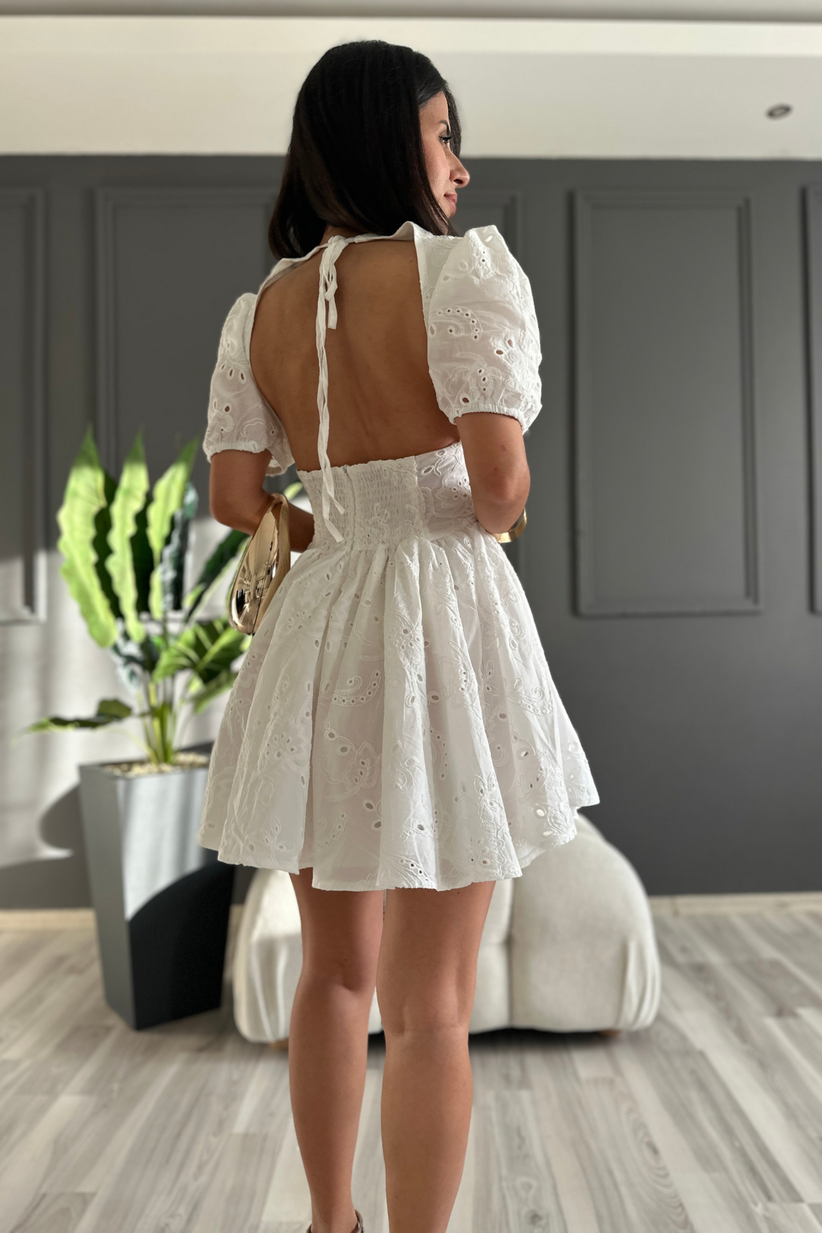 Premium Sırtı Açık Brode Beyaz Elbise
