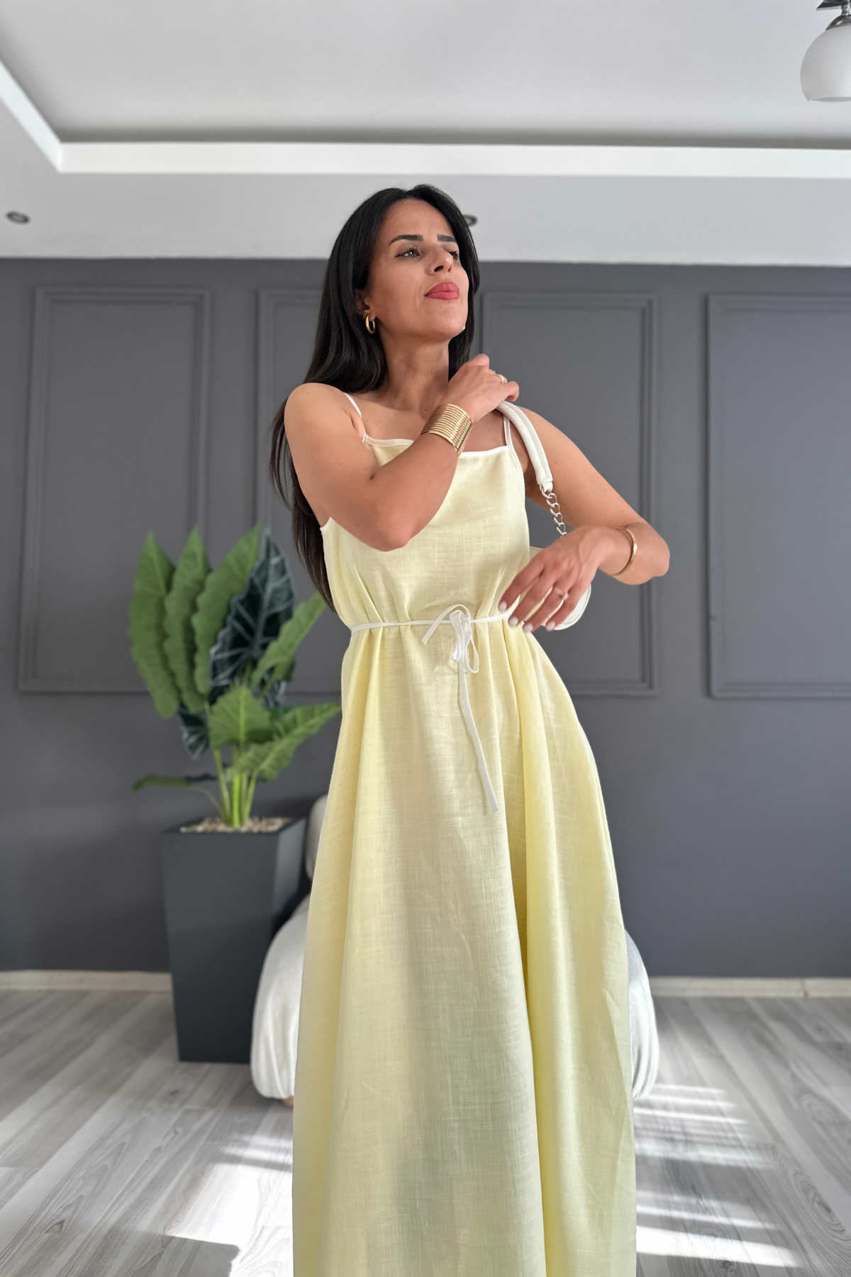 Sarı Keten Premium Elbise
