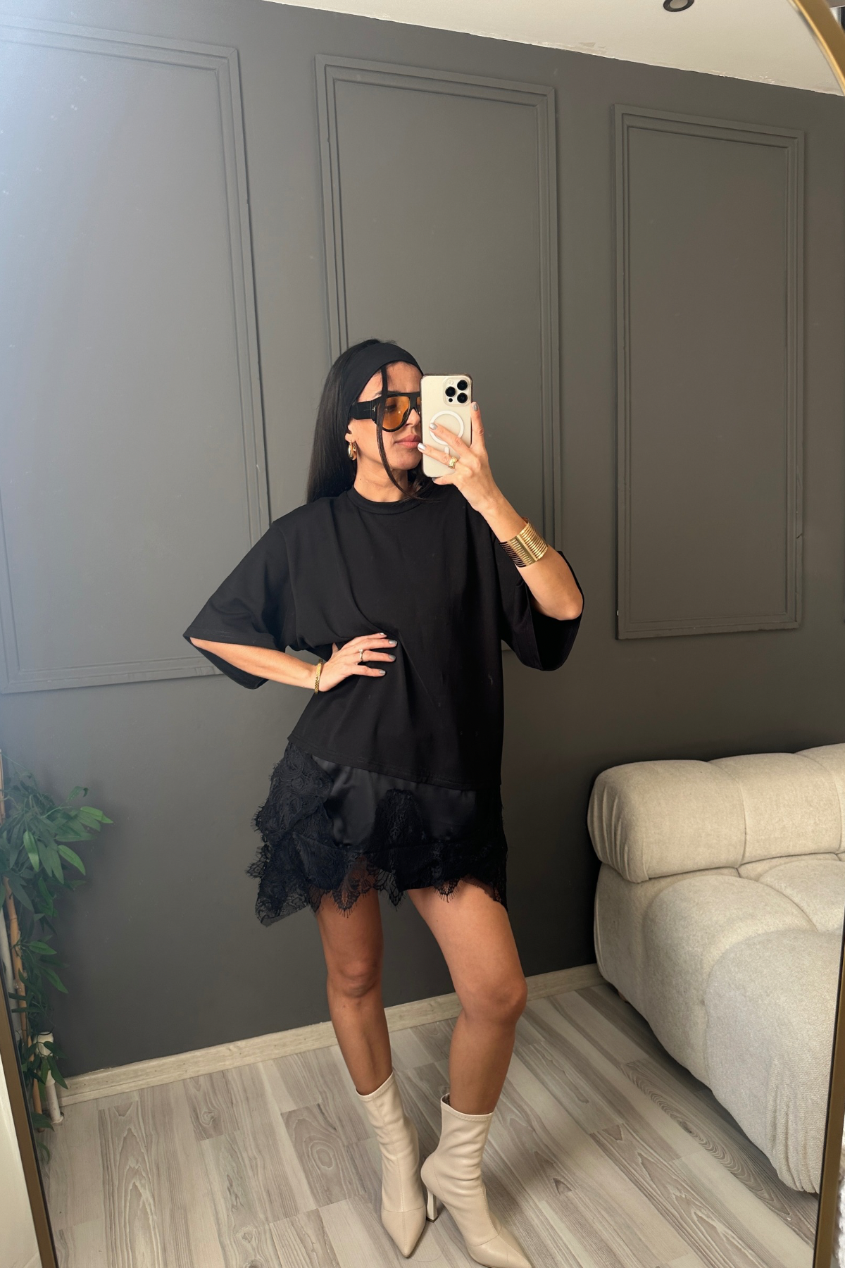 Saten Dantelli Tshirt Elbise