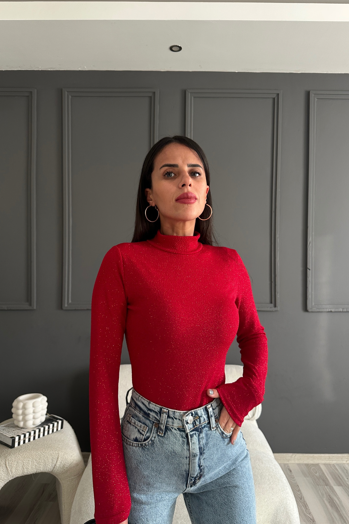 Simli Kırmızı Bodysuit