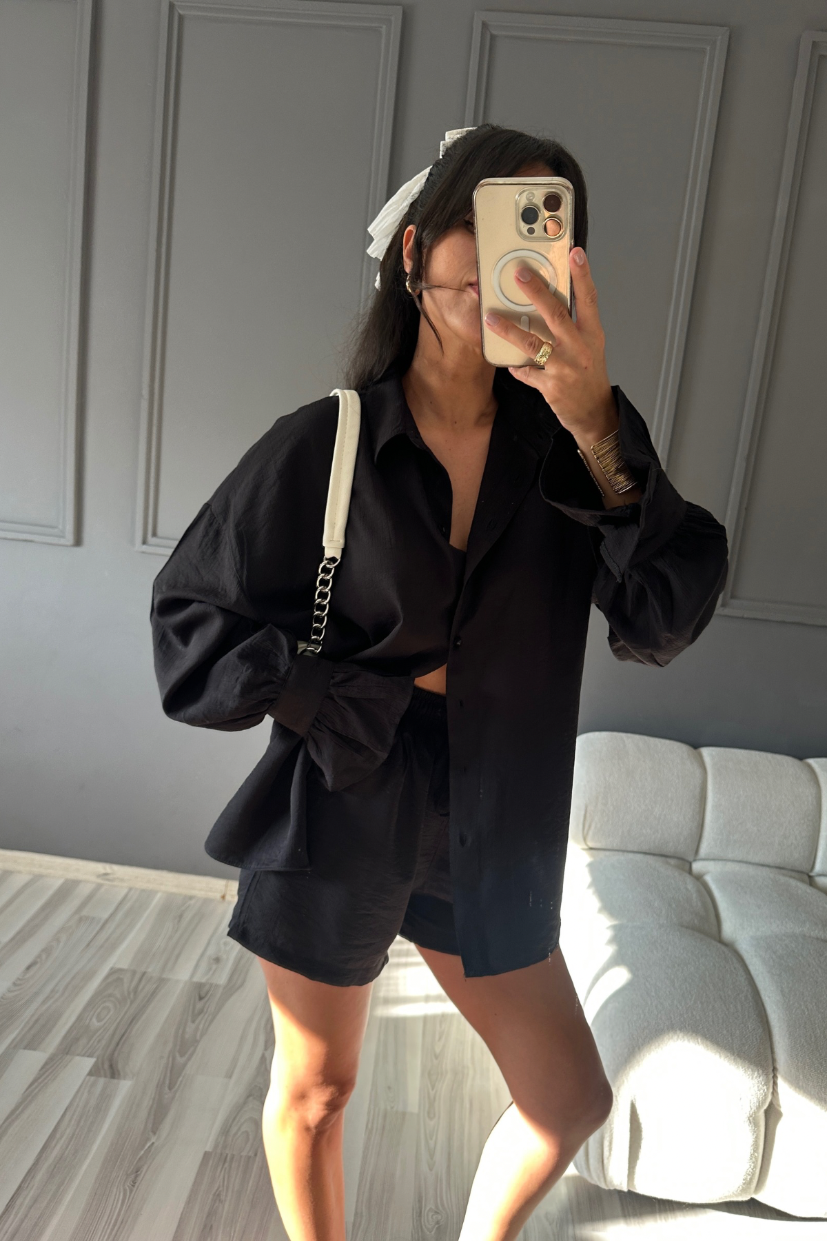 Siyah Şortlu Valon Kol Gömlek Takım