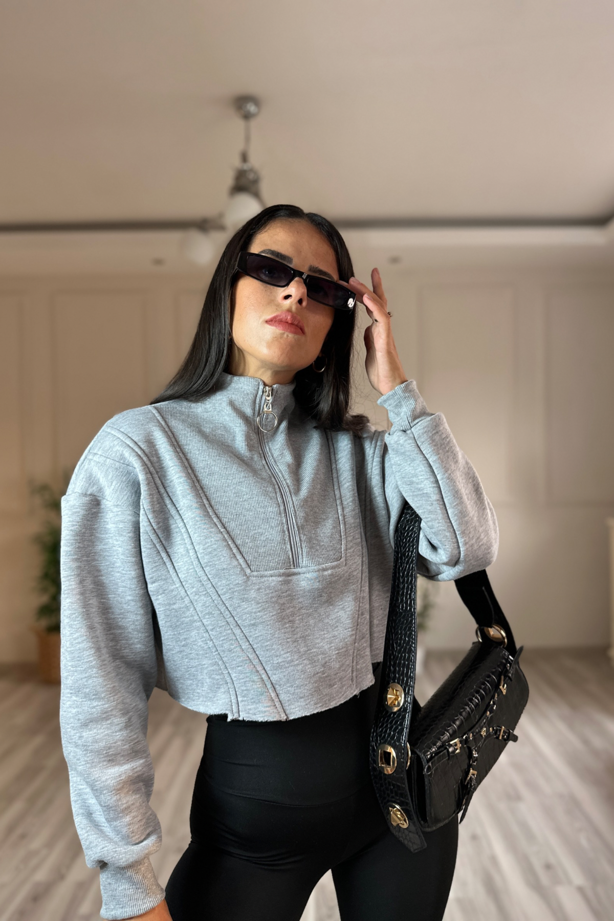 Üç İplik Gri Mis Yarım Fermuar Sweatshirt