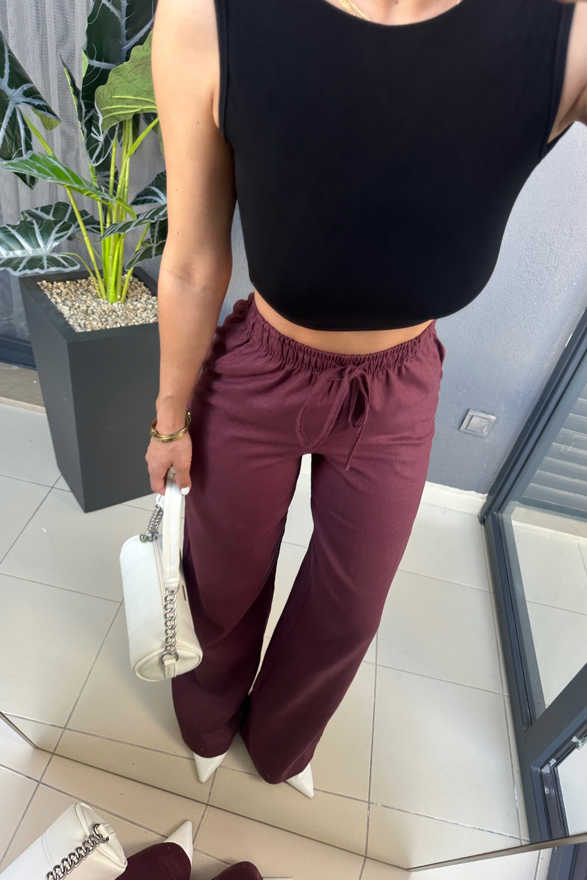 Yıkamalı Bordo Keten Pantolon