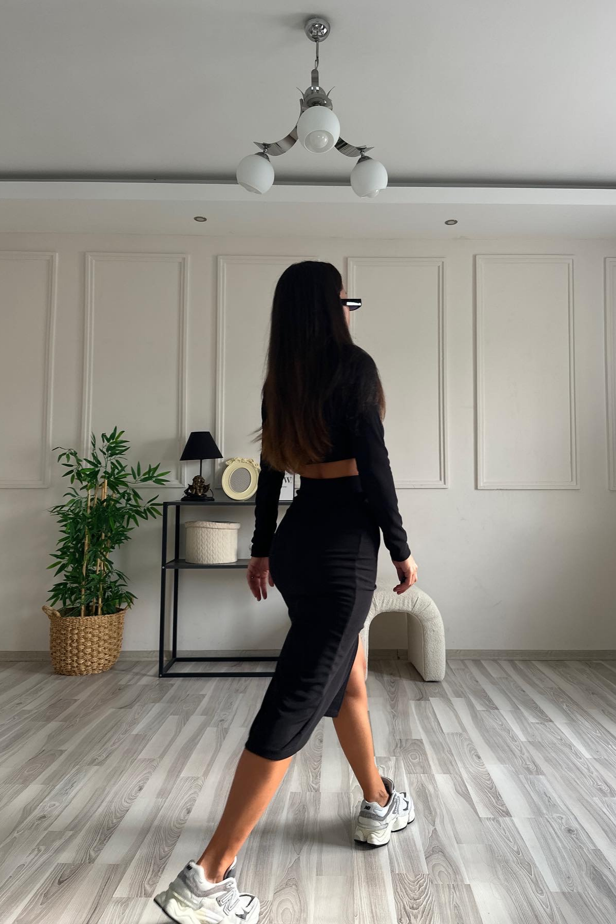 Yırtmaçlı Siyah Etek Crop Takım