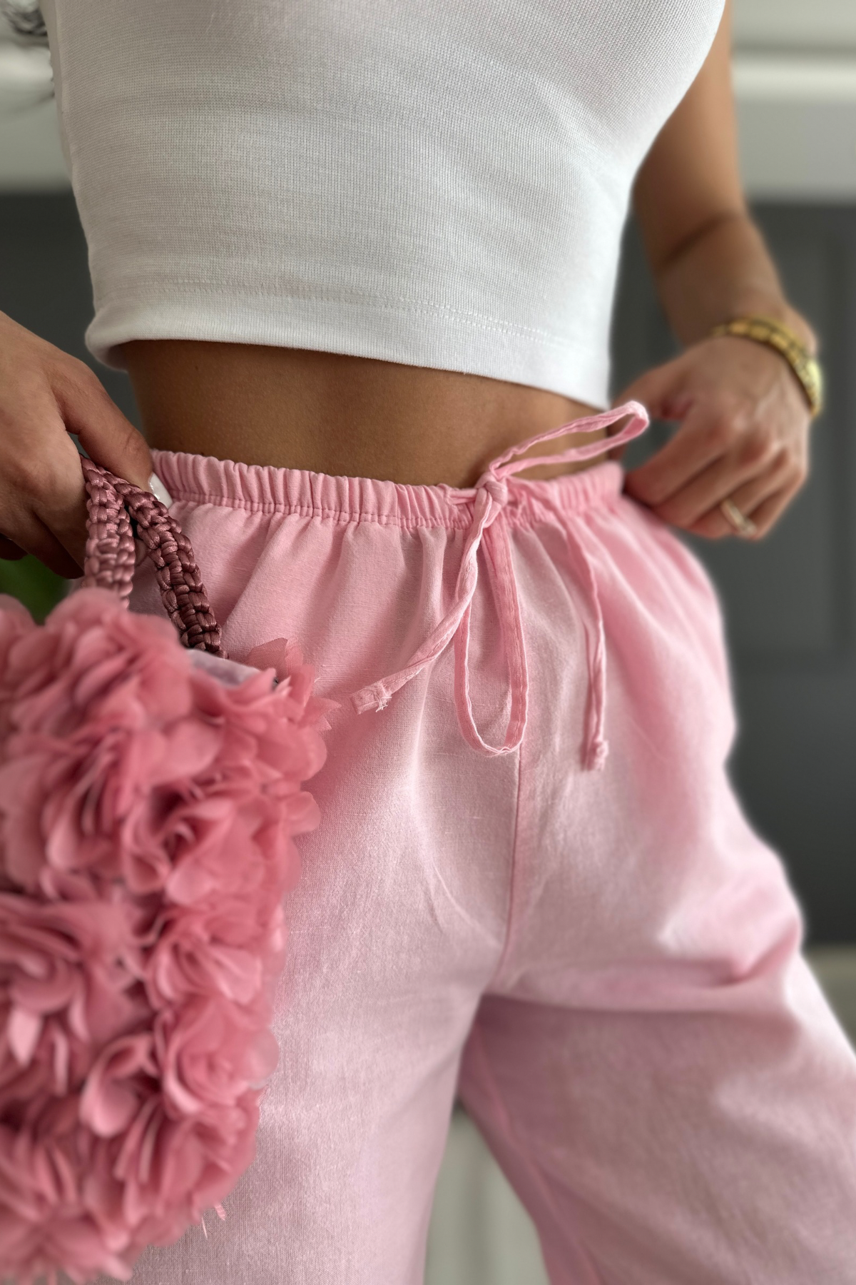 Yüzde Yüz Pamuklu Pembe Dökümlü Keten Pantolon