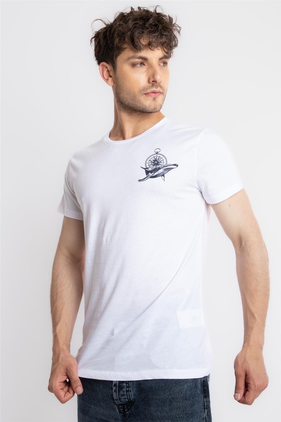 ADAM BOXES Baskılı O-Yaka T-shirt Marino - Beyaz