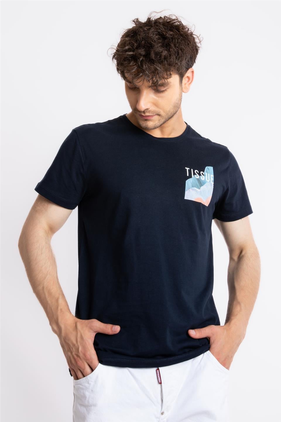 ADAM BOXES Baskılı O-Yaka T-shirt Tissue - Lacivert