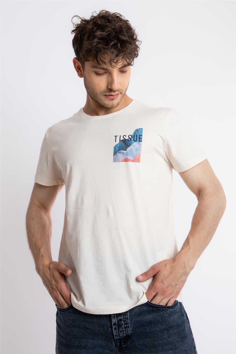 ADAM BOXES Baskılı O-Yaka T-shirt Tissue - Ham Pamuk (Renkli Baskı)
