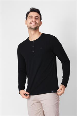 ADAM BOXES Düğmeli Bisiklet Yaka Uzun Kollu T-shirt NP-Collargo - Siyah