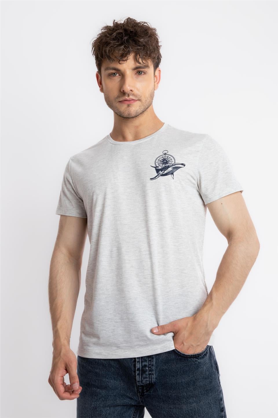 ADAM BOXESAdam Boxes Erkek/Unisex Baskılı O-Yaka T-shirt Marino - Gri Melanj