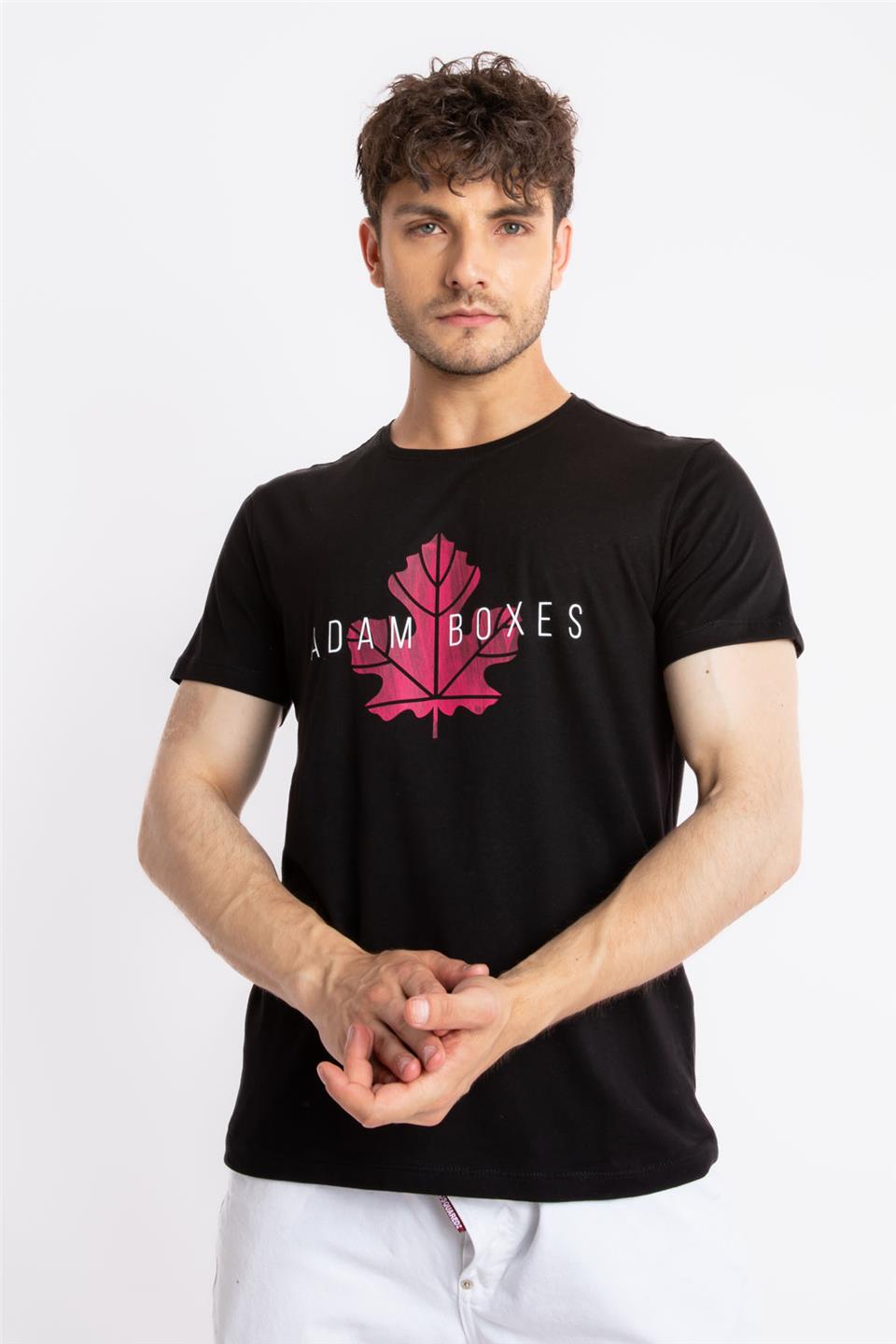 ADAM BOXESAdam Boxes Erkek/Unisex Baskılı O-Yaka T-shirt Anillo - Siyah (Macenta Baskılı)
