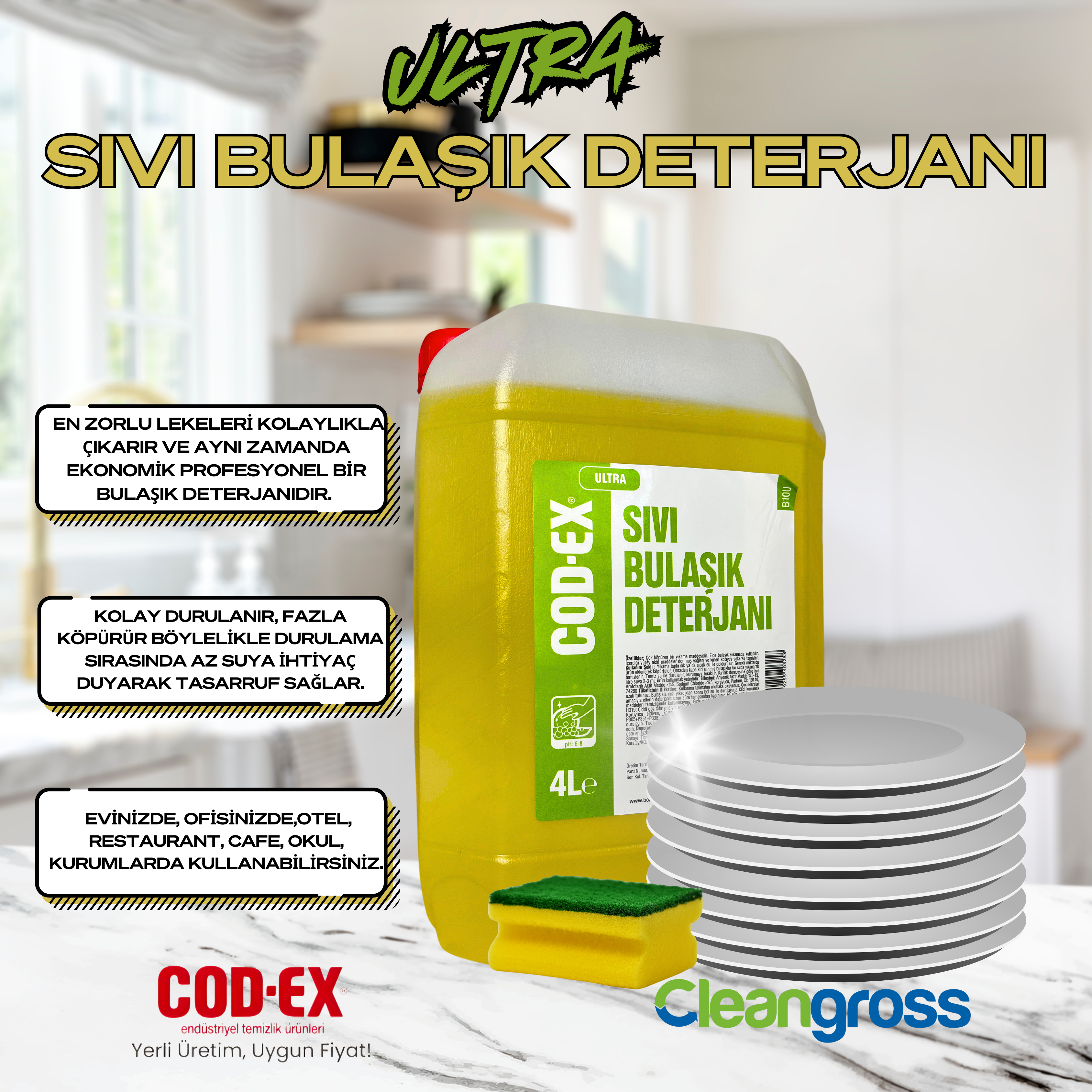 COD-EX Elde Yıkama Sıvı Bulaşık Deterjanı 4 Lt Ultra Güçlü