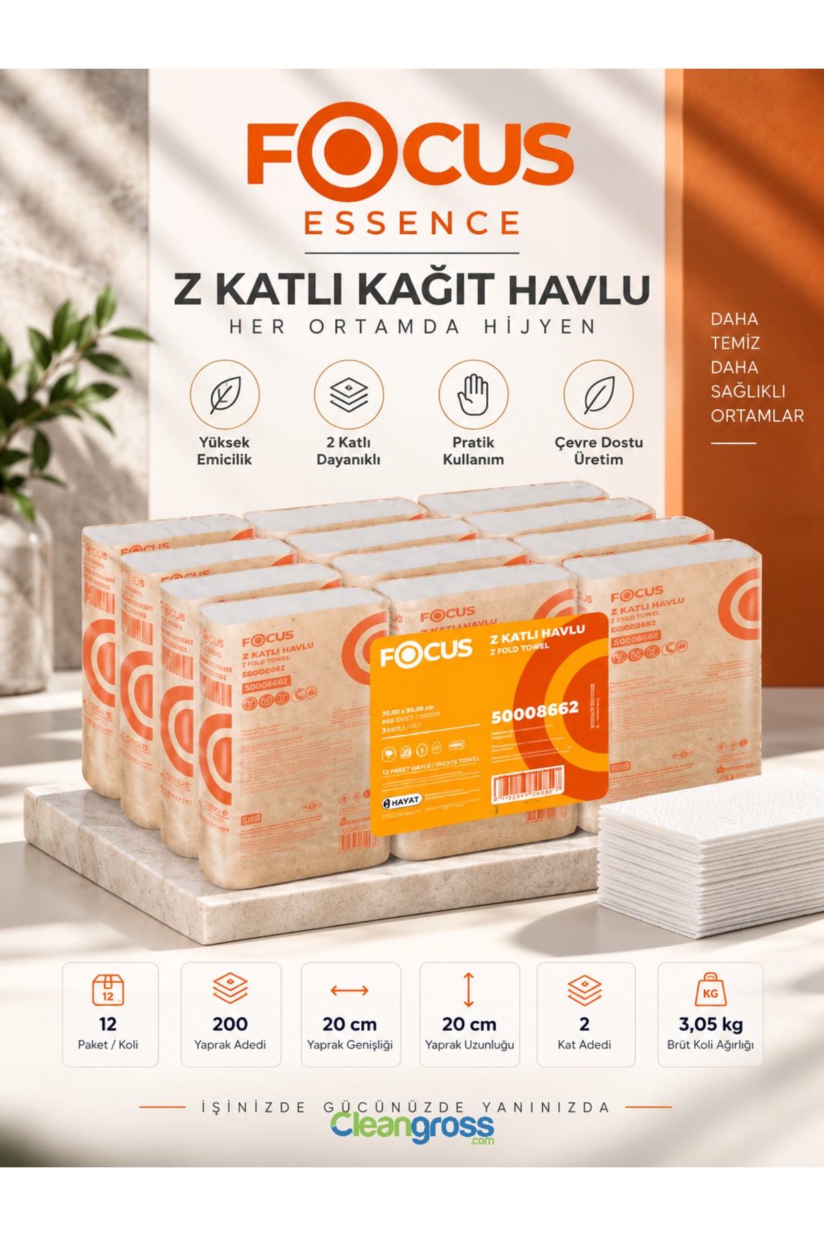 Focus Essence Z Katlı Kağıt Havlu 2 Katlı 200 Yaprak 20x20 cm 12 Paket 2400 Yaprak – 50008662