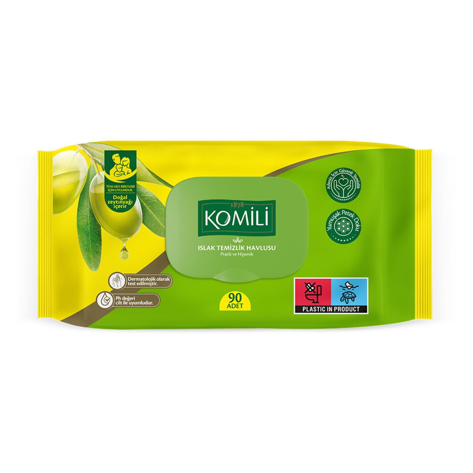 Komili Islak Havlu Mendil 90 Yaprak Zeytinyağlı Pratik Kapaklı