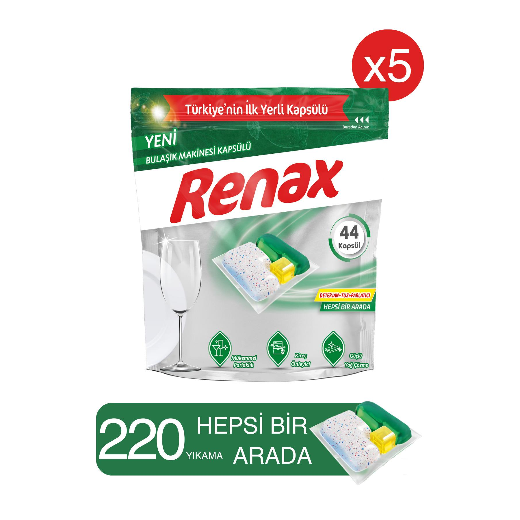 RENAX Bulaşık Makinesi Kapsülü Hepsi Bir Arada 44 Lü x 5 Paket