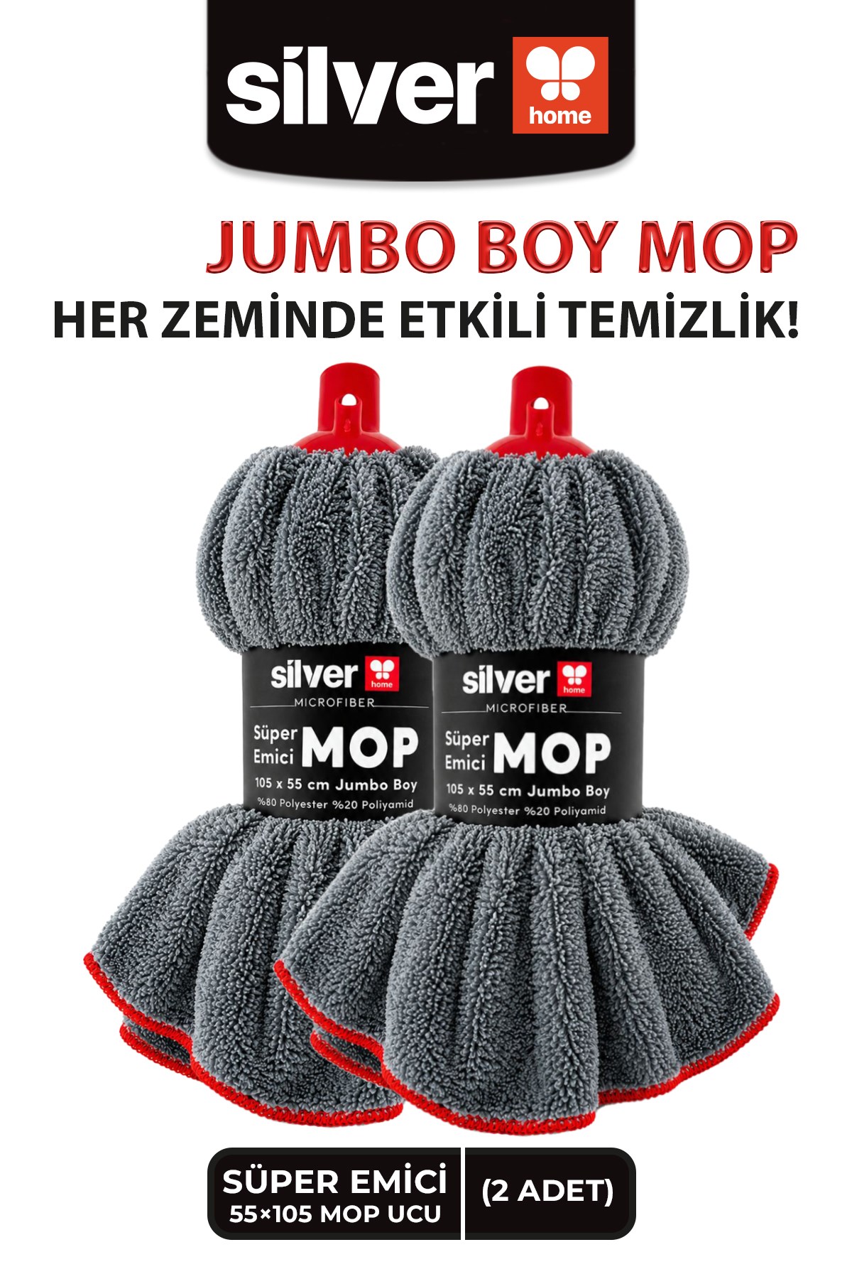 SİLVER HOME Ekstra Kalın ve Büyük Kıl Tüy Toplayan Süper Emici Mikrofiber Yedek Mop Ucu 2'li