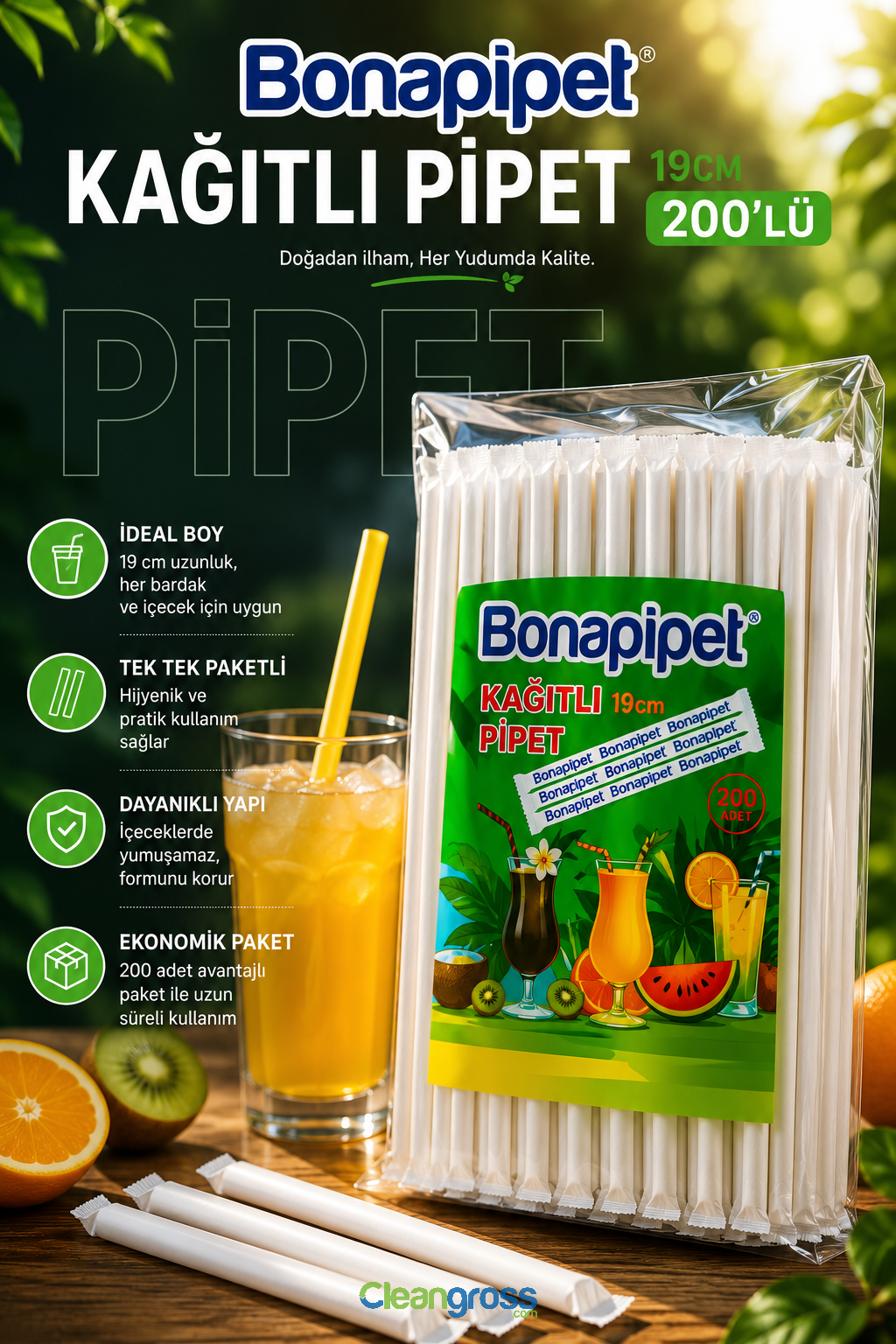 Bona Pipet Tek Kullanımlık Kağıtlı Pipet 19 cm Pipet 200'lü