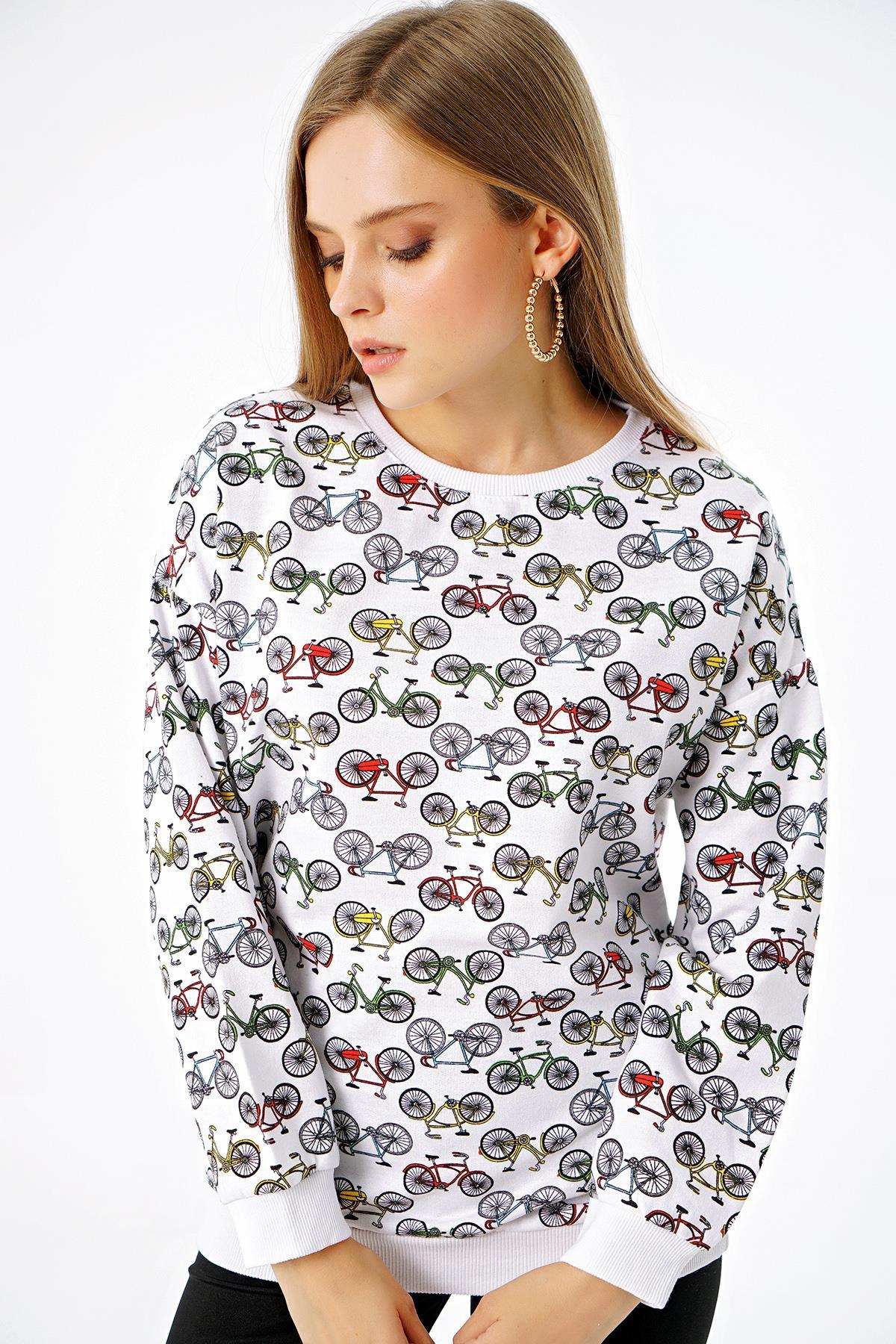 Bisiklet Grafik Desen Bisiklet Yaka Sweatshirt