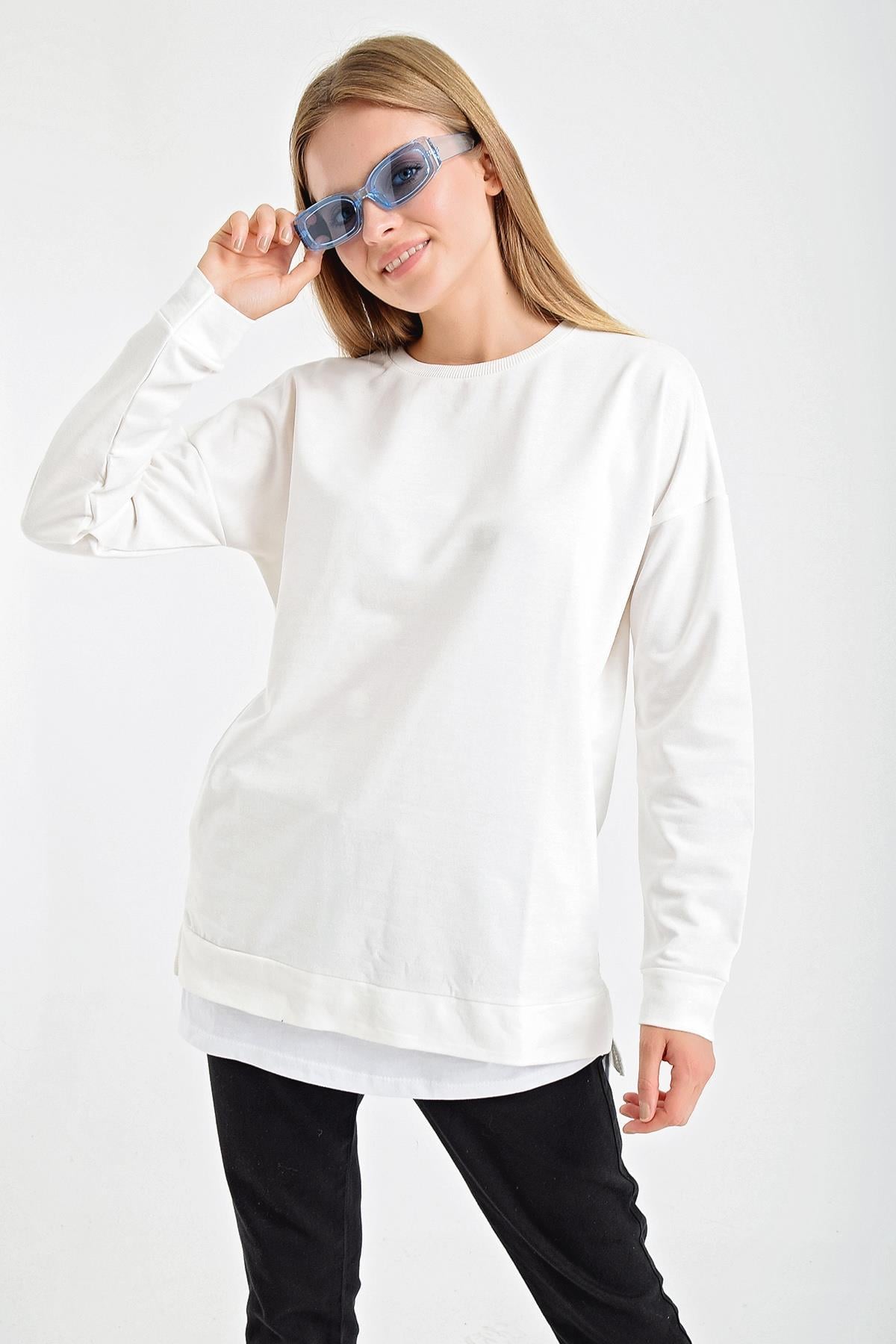 Eteği Çift Görünüm Detaylı Bisiklet Yaka Sweatshirt