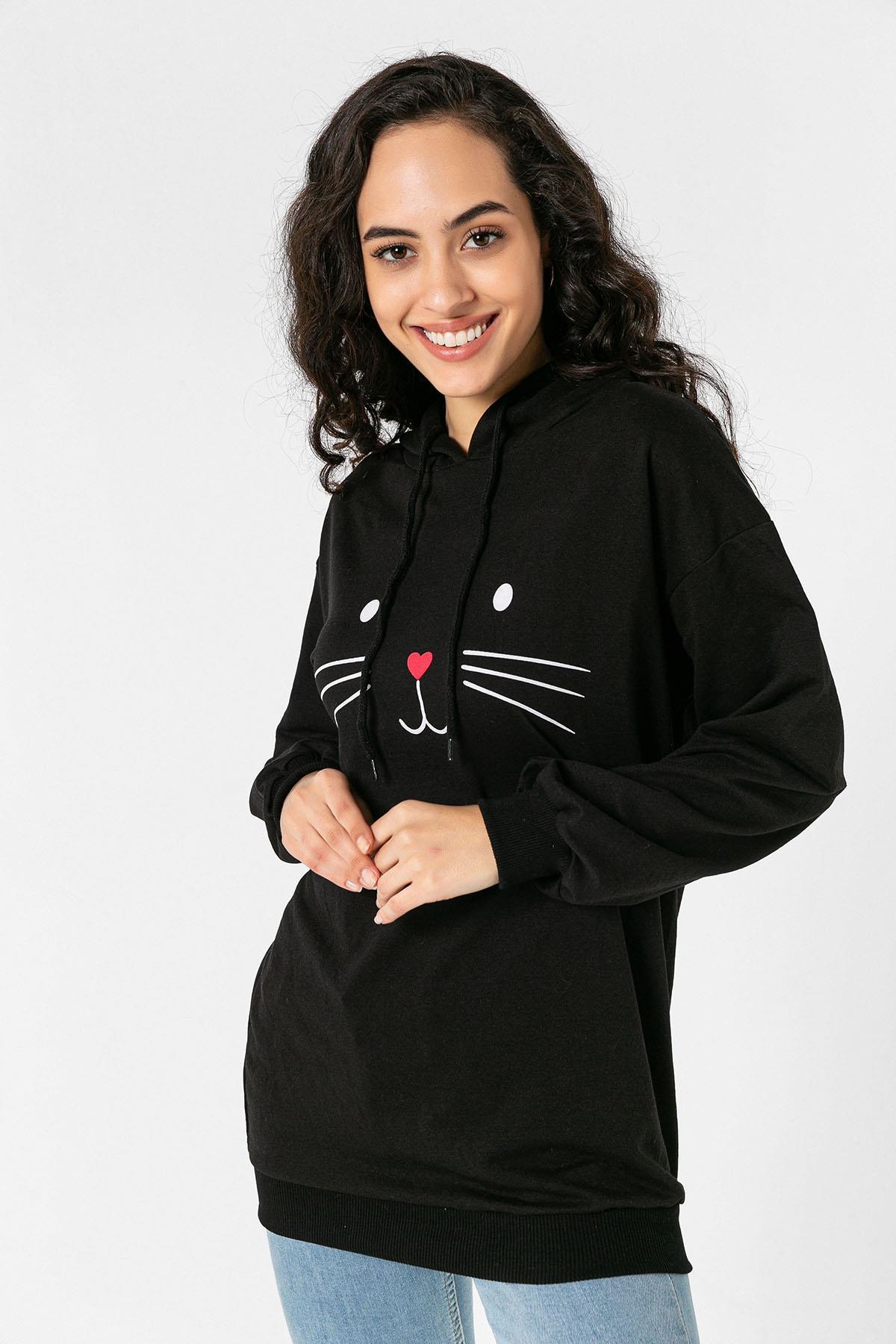 Kadı Önü Baskı Detaylı Kapüşonlu Oversize Sweatshirt
