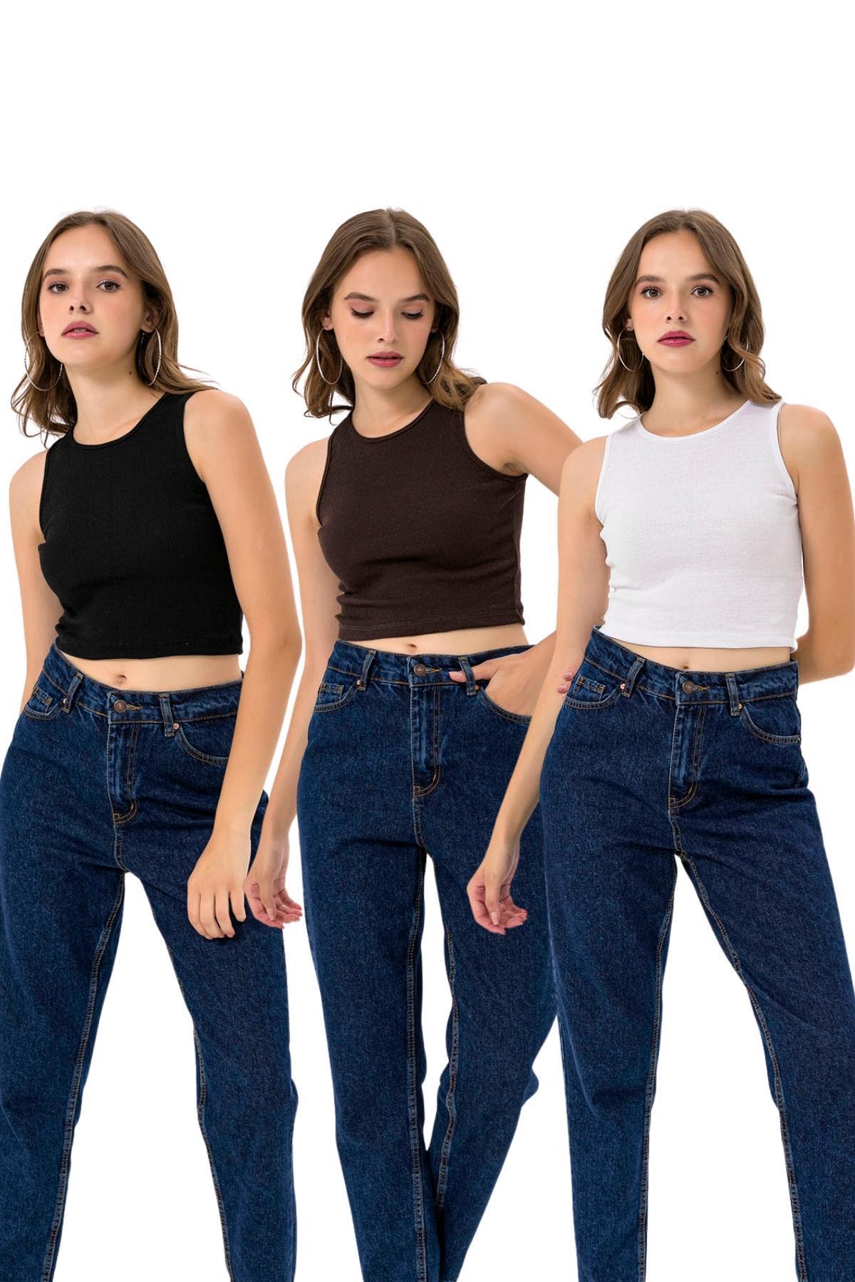 Kadın 3'lü Paket Bisiklet Yaka Pamuklu Örme Bluz