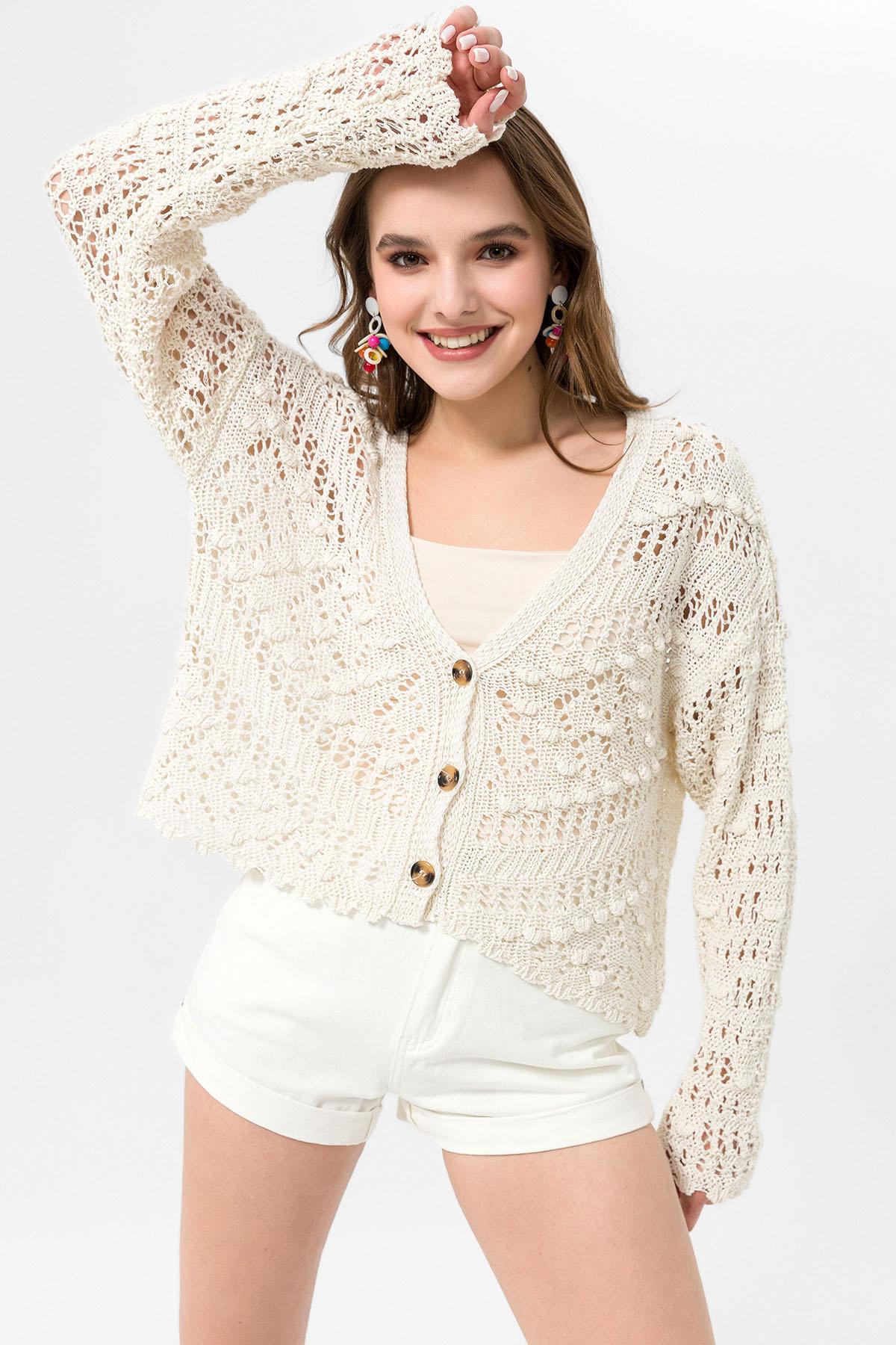 Kadın Ajurlu Crop Triko Hırka 235226 -