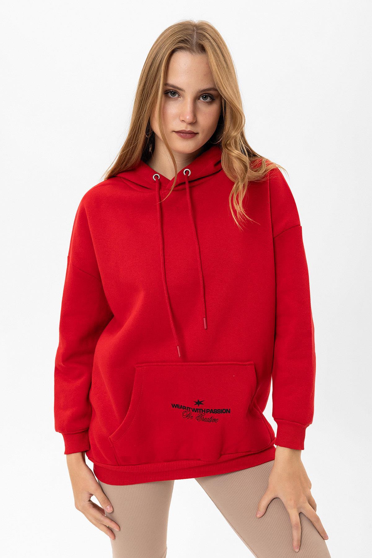 Kadın Arkası Baskı Detaylı Kanguru Cepli Kapüşonlu Oversize Sweatshirt