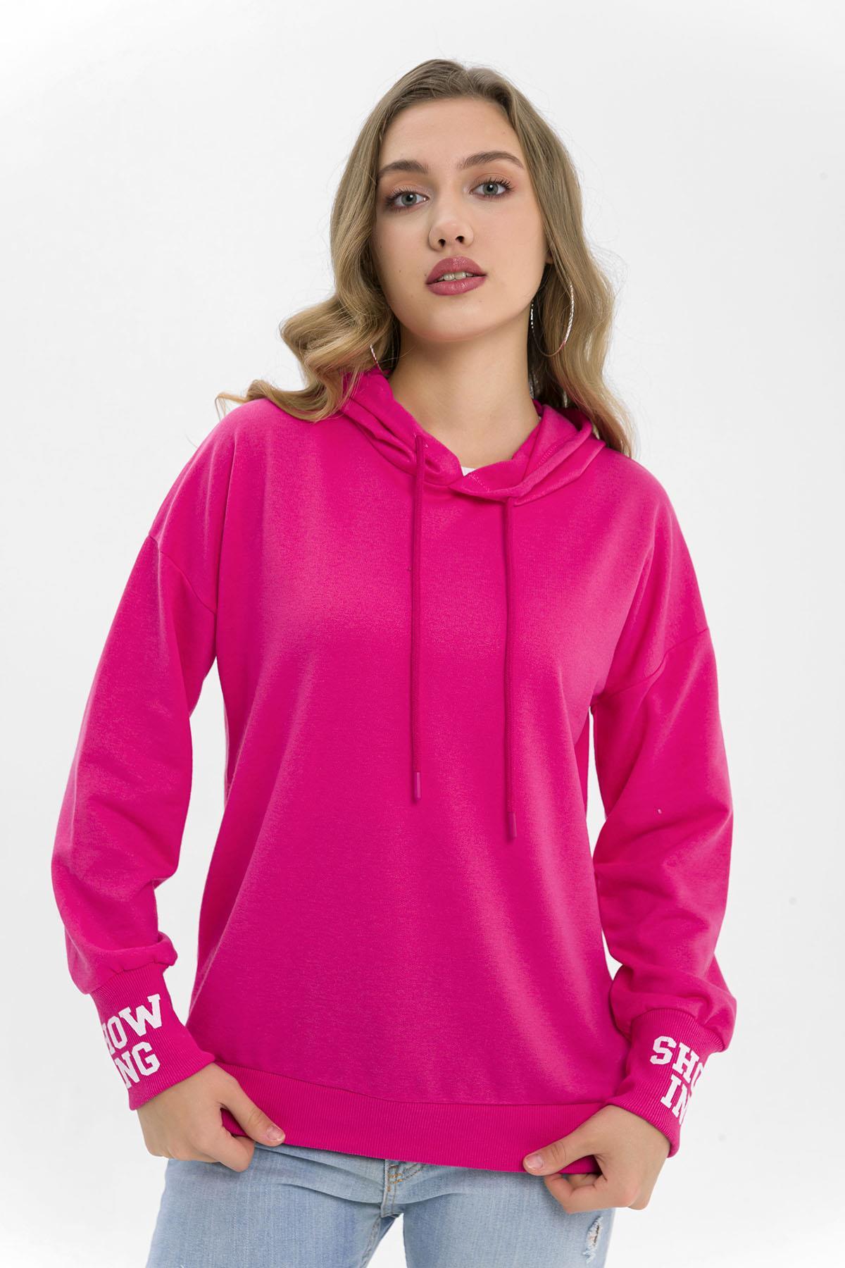 Kadın Arkası Kolu Baskı Detaylı Kapüşonlu Oversize Sweatshirt